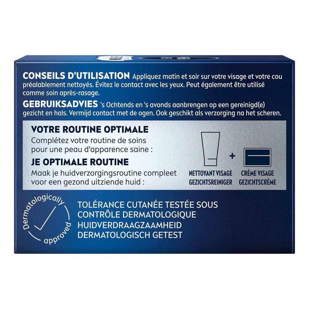 Dos de la boîte. Conseils d'utilisation en français et néerlandais. Tolérance cutanée testée sous contrôle dermatologique.