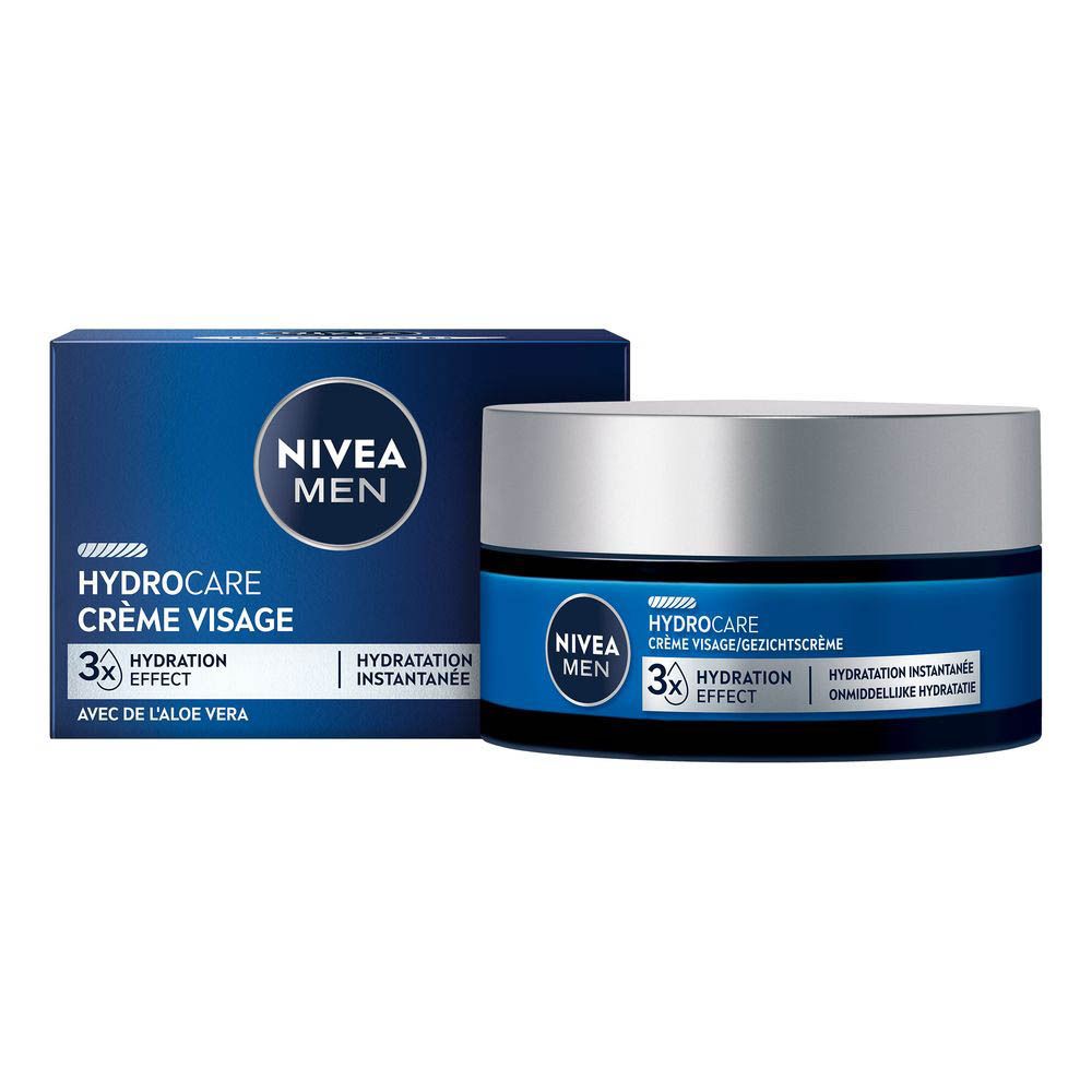 Produit et emballage. NIVEA MEN HYDROCARE Crème Visage. 3x Hydratation. Avec Aloe Vera. Pot et boîte.