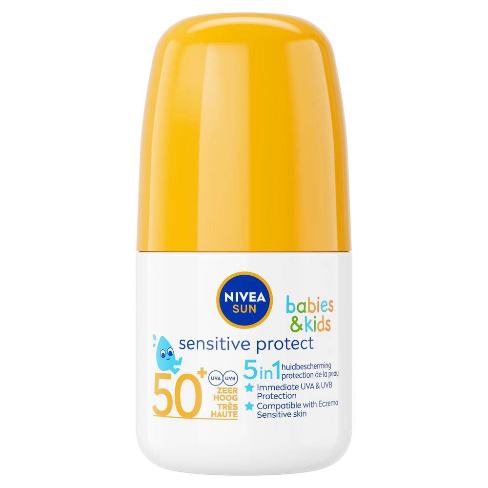 Roll-on de protection solaire pour enfants. Bouteille blanche et jaune. Nom du produit et SPF 50+.