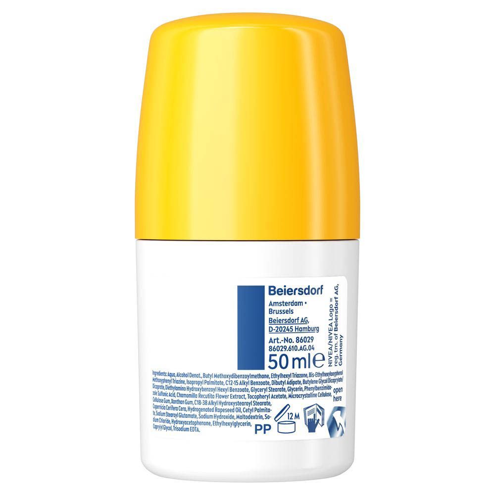 Roll-on de protection solaire pour bébés et enfants. Bouteille blanche et jaune. SPF 50+.