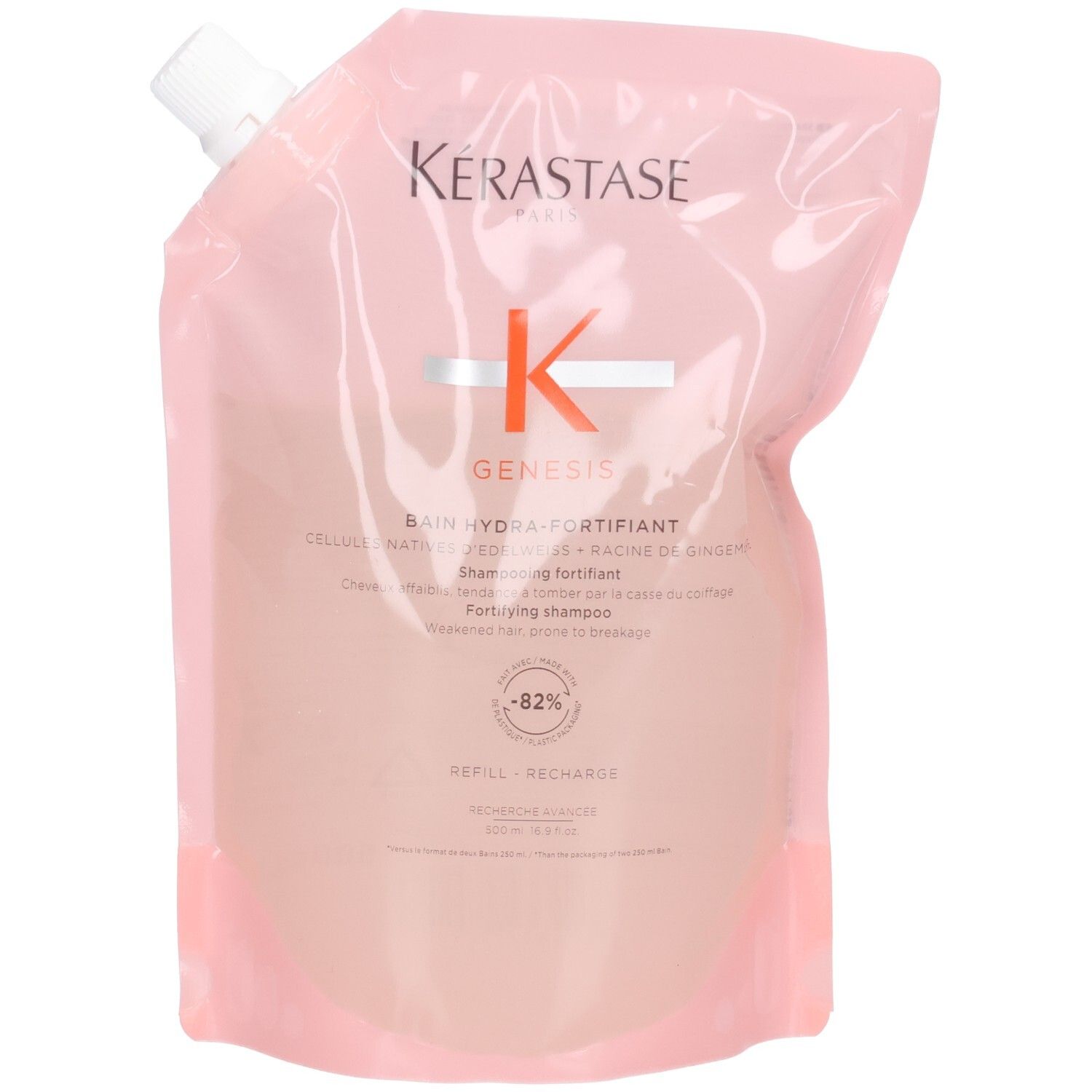 Kérastase Genesis Bain Hydra-Fortifiant recharge. Pochette rose avec bec verseur blanc. Contient 500 ml.