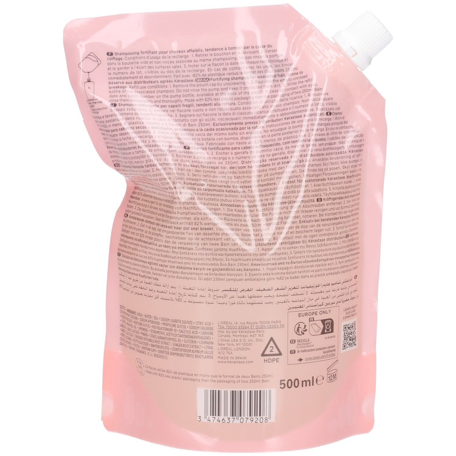 Pochette de recharge rose pour shampoing avec bouchon à vis blanc, 500 ml.
