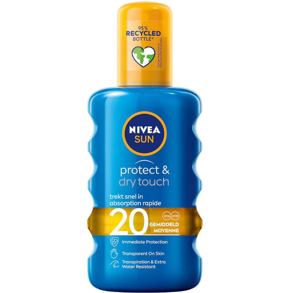 Flacon bleu avec bouchon jaune. Inscription: NIVEA SUN protect & dry touch 20. Flacon recyclé.