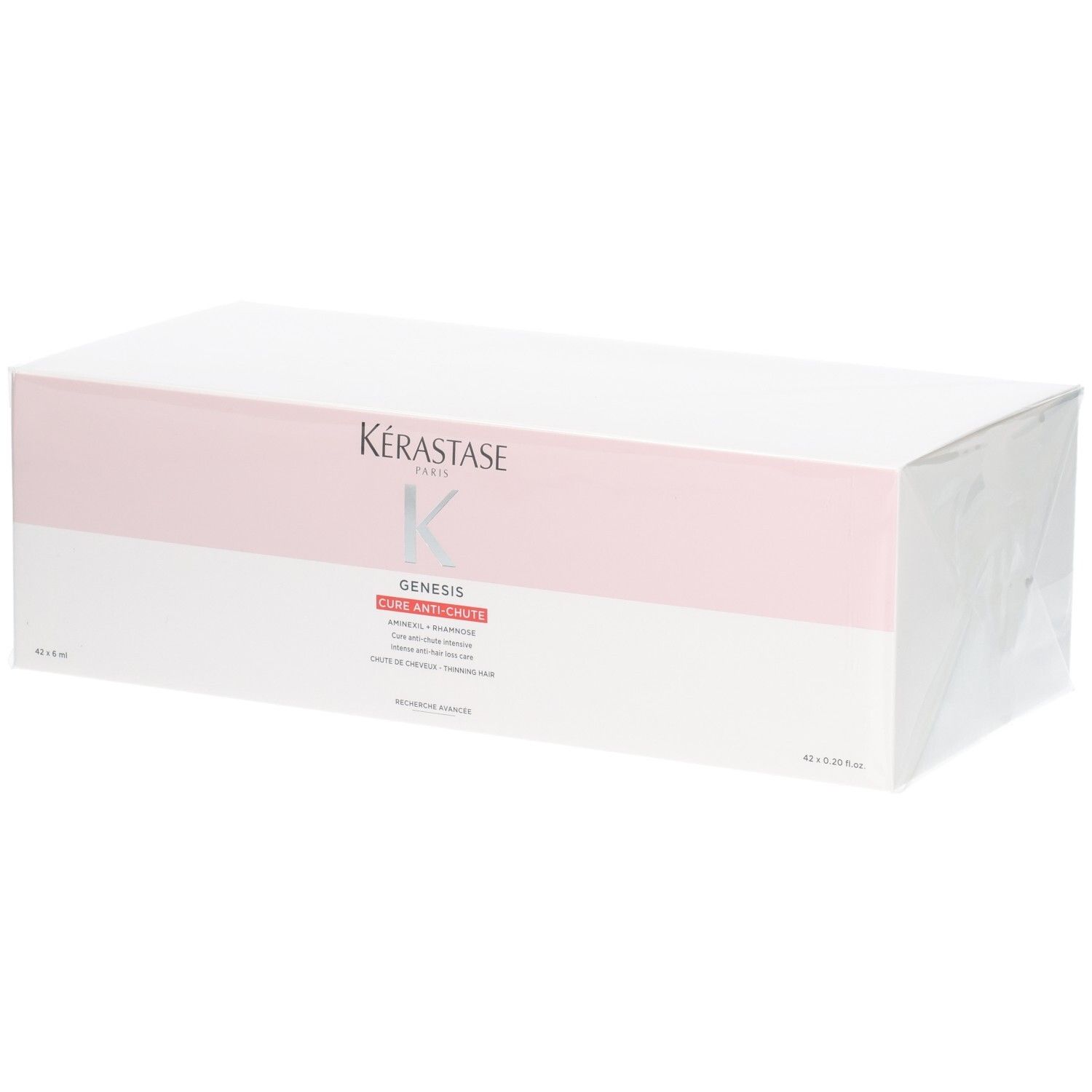 Boîte Kérastase Genesis pour soins capillaires, design rose et blanc. Contient plusieurs produits.