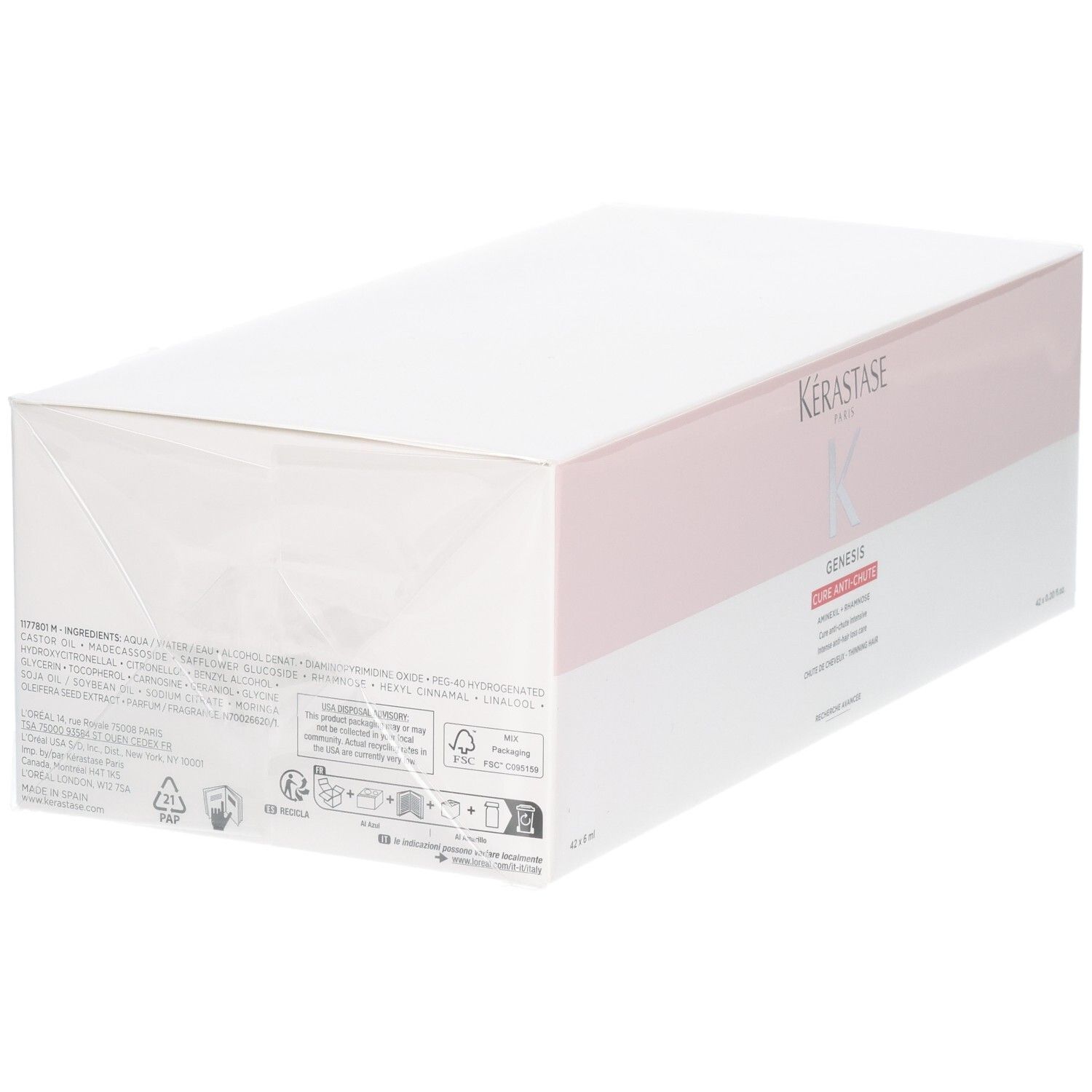 Emballage Kérastase Genesis, blanc et rose, avec informations produit et logo.
