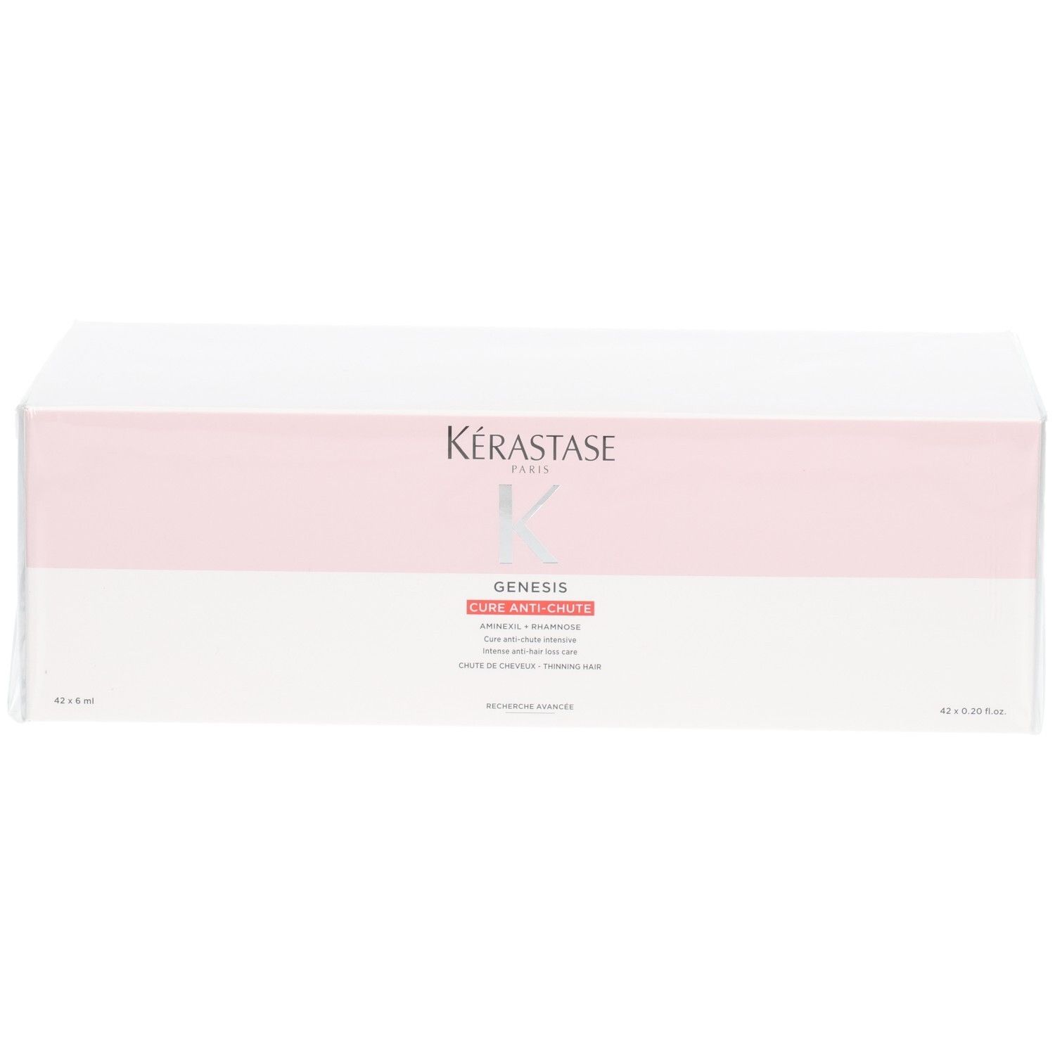 Coffret Kérastase Genesis Cure Anti-Chute, emballage blanc et rose.