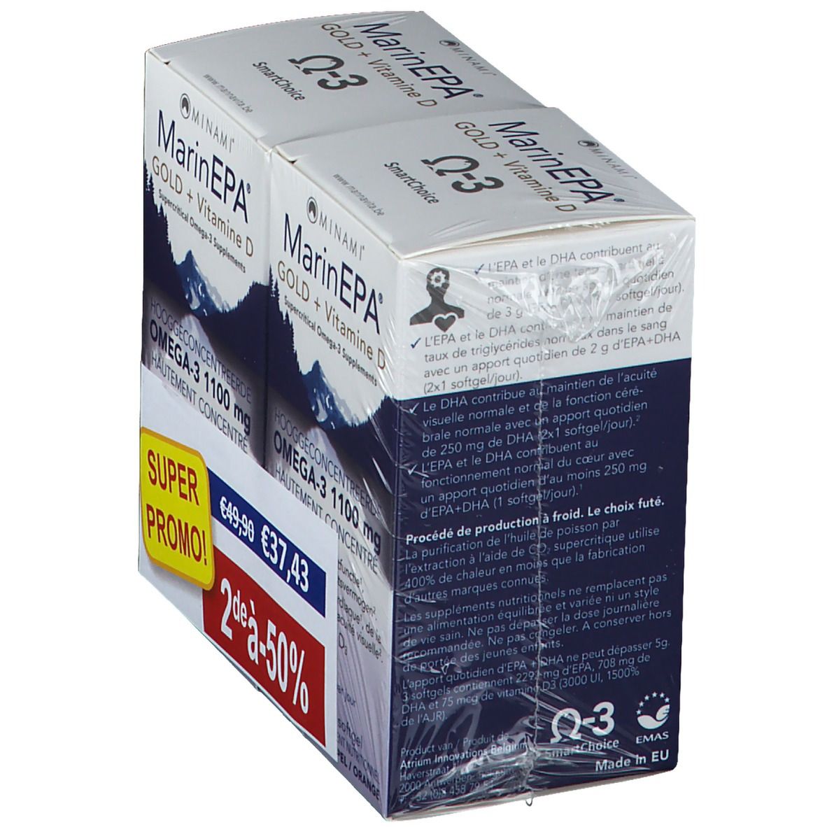 Deux boîtes de MarinEPA Gold + Vitamine D. Emballage blanc avec nom du produit et symbole Oméga-3. Étiquette Super Promo.