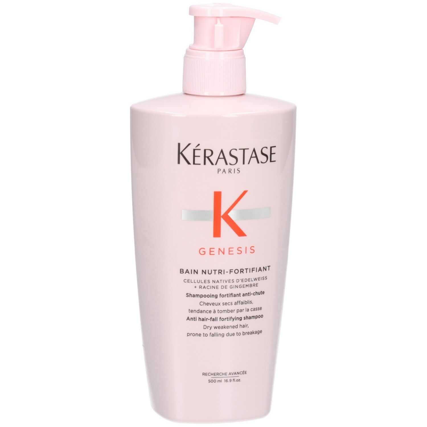 Shampoing Kérastase Genesis Bain Nutri-Fortifiant dans une bouteille rose avec pompe.