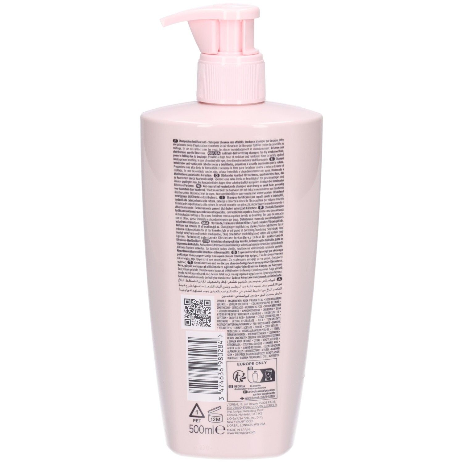Arrière de la bouteille de shampoing Kérastase Genesis Bain Nutri-Fortifiant avec étiquette et code-barres.
