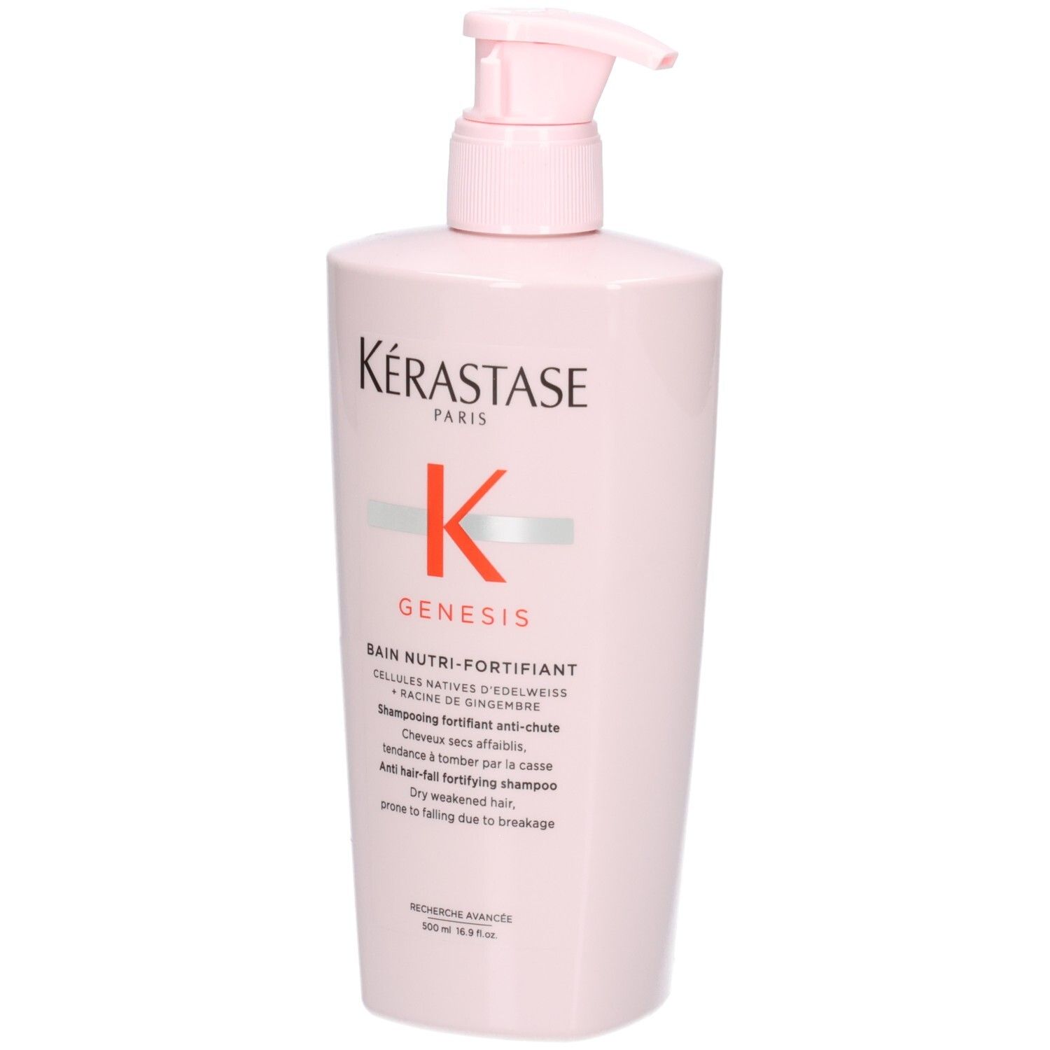 Shampoing Kérastase Genesis Bain Nutri-Fortifiant dans une bouteille rose avec pompe, vue de face.