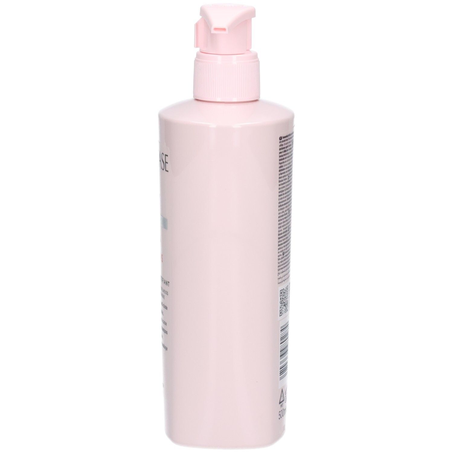 Vue de côté de la bouteille rose de shampoing Kérastase Genesis Bain Nutri-Fortifiant avec pompe.