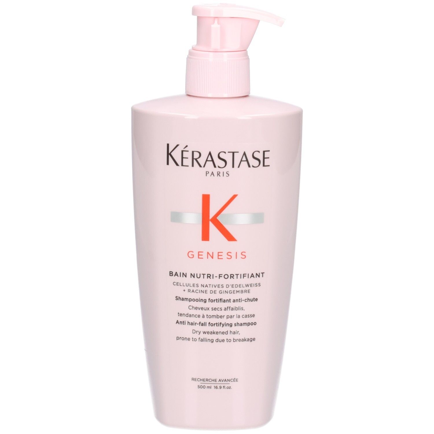 Shampoing Kérastase Genesis Bain Nutri-Fortifiant dans une bouteille rose avec pompe, vue frontale.
