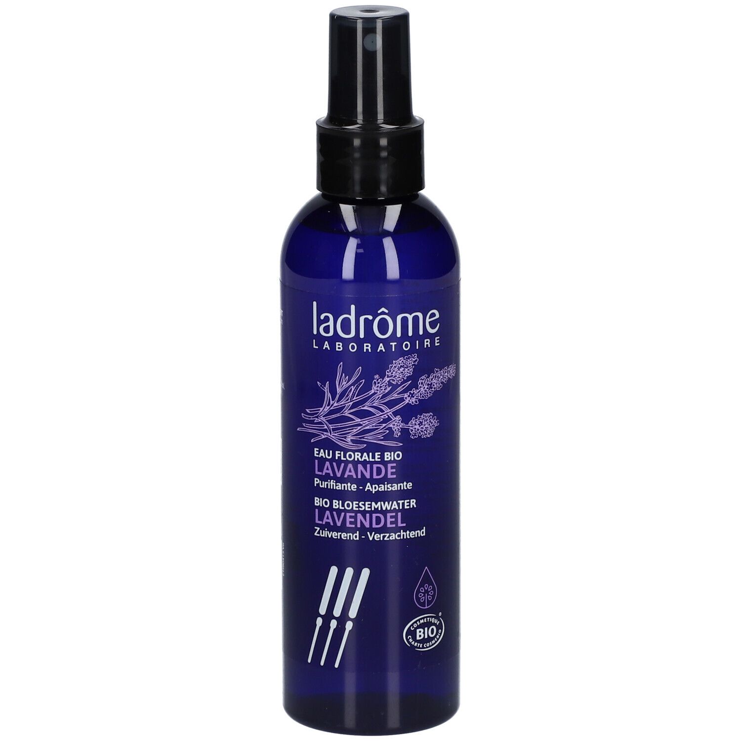 Flacon bleu avec vaporisateur. Inscription: Ladrôme, Eau Florale Bio Lavande. Label bio.