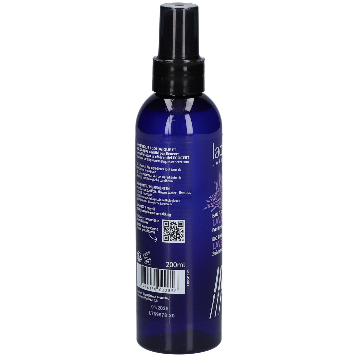 Flacon bleu avec vaporisateur. Dos avec texte et QR code. Inscription: 200ml.