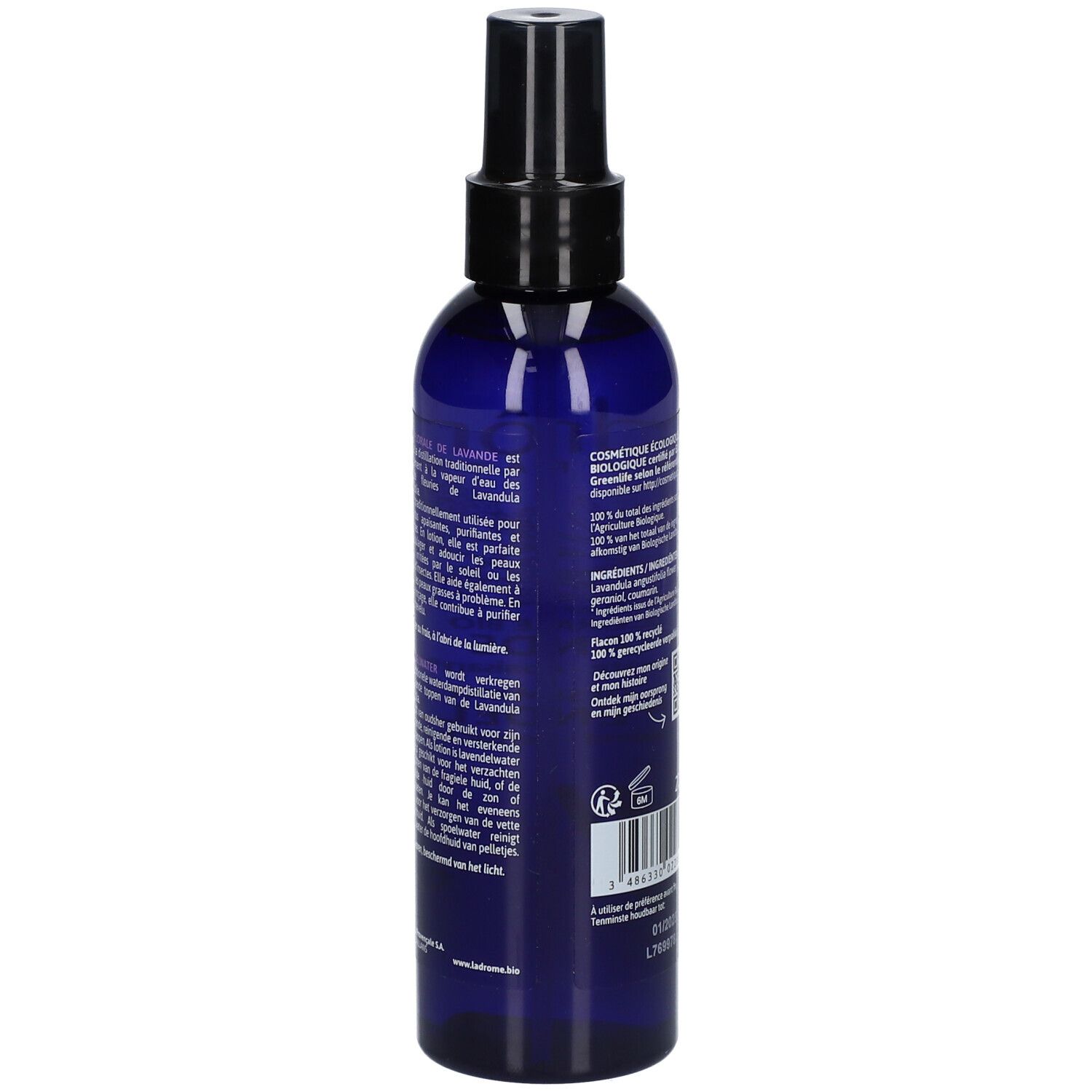 Flacon bleu avec vaporisateur. Dos avec texte. Inscription: Ladrôme.