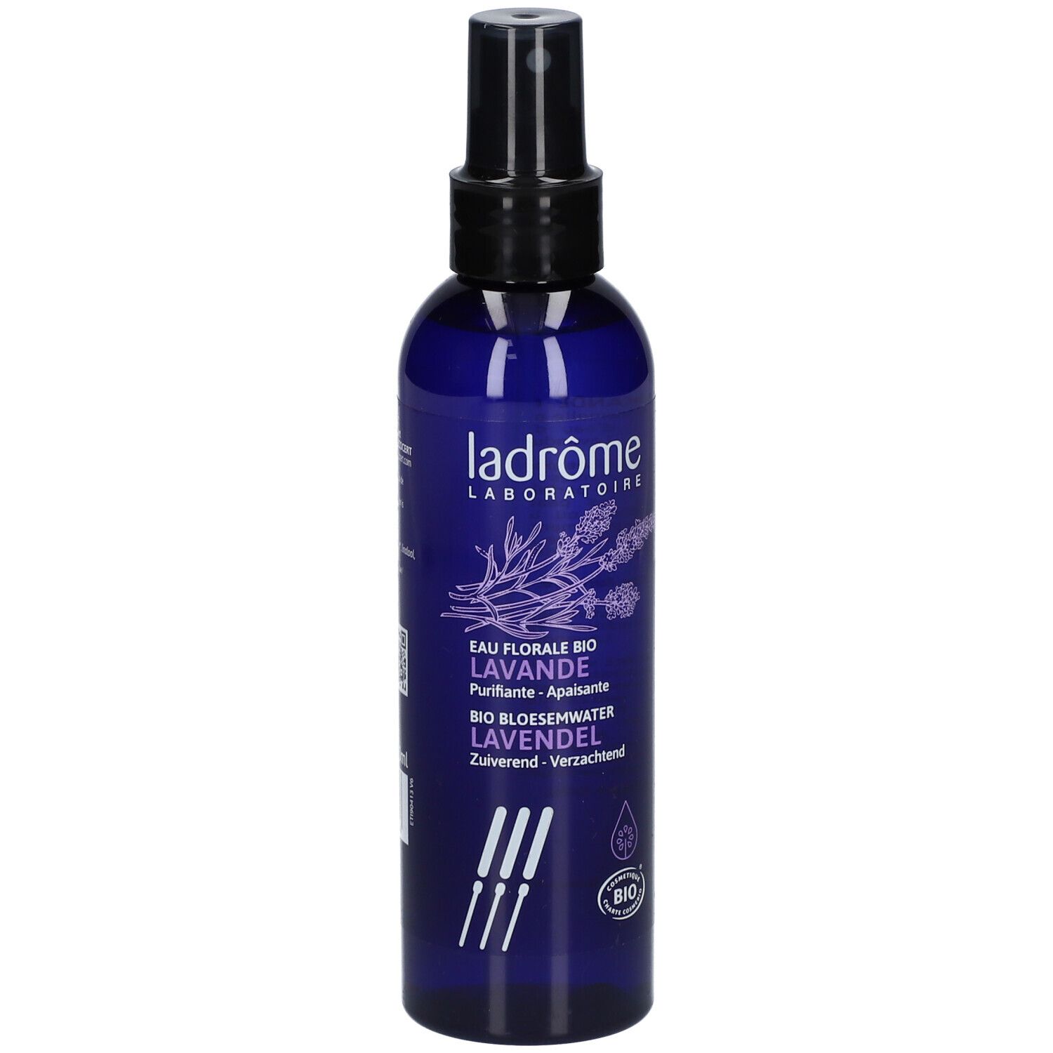Flacon bleu avec vaporisateur. Inscription: Ladrôme, Eau Florale Bio Lavande. Label bio.