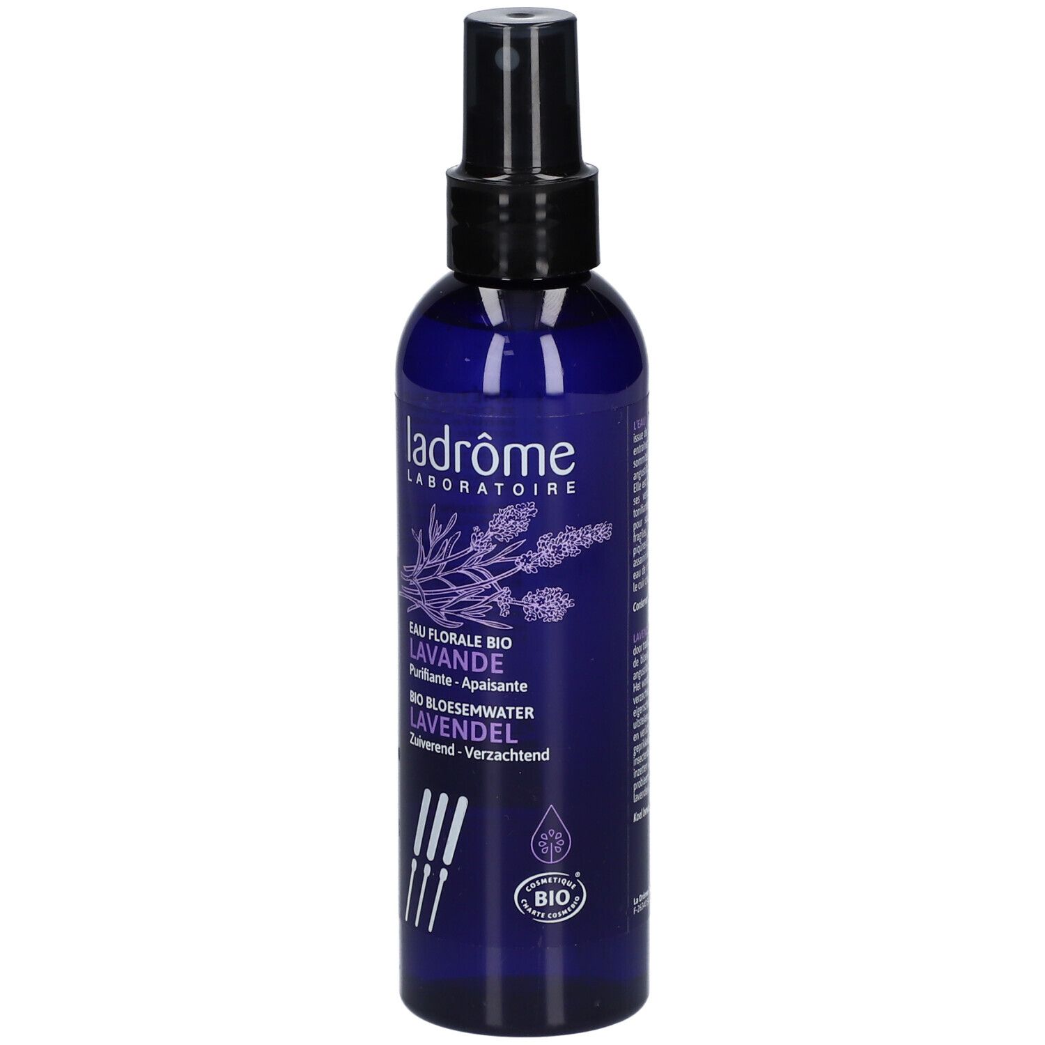 Flacon bleu avec vaporisateur. Inscription: Ladrôme, Eau Florale Bio Lavande. Label bio.