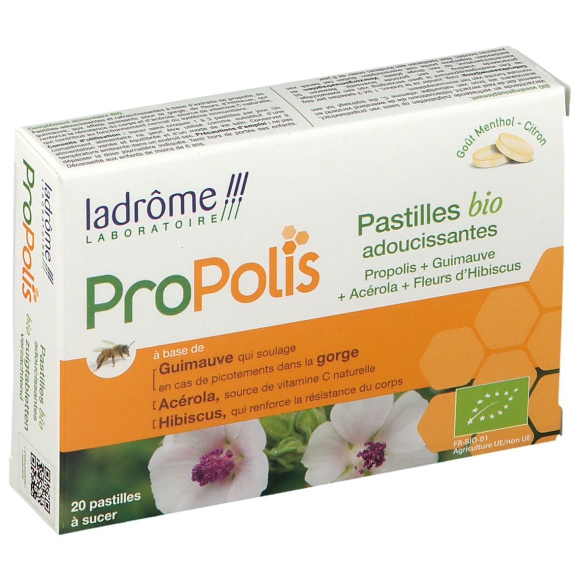 Boîte de pastilles adoucissantes Propolis Ladrôme. Ingrédients : Propolis, Guimauve, Acérola, Fleurs d'Hibiscus. 20 pastilles.