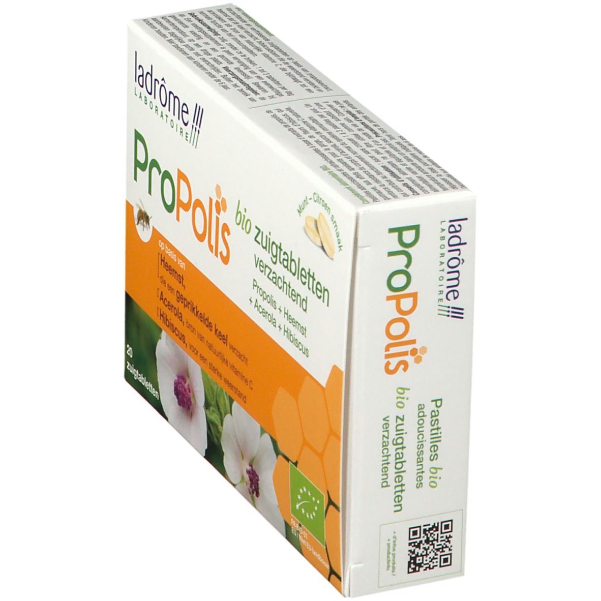 Boîte de pastilles Propolis Ladrôme, vue de côté. Ingrédients, logo bio, QR code et informations de fabrication.