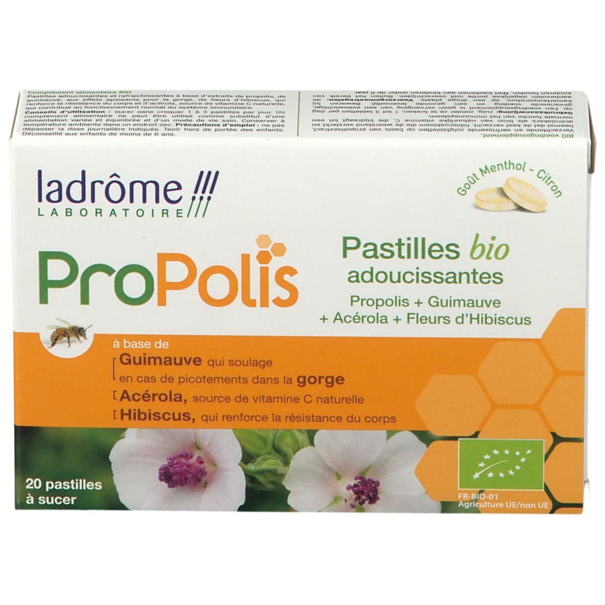 Boîte de pastilles adoucissantes Propolis Ladrôme. Ingrédients : Guimauve, Acérola, Hibiscus. 20 pastilles.