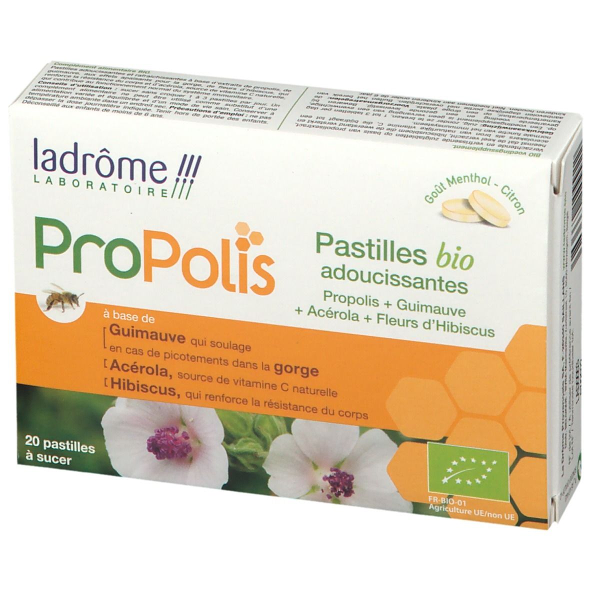 Boîte de pastilles adoucissantes Propolis Ladrôme. Ingrédients : Guimauve, Acérola, Hibiscus. 20 pastilles.