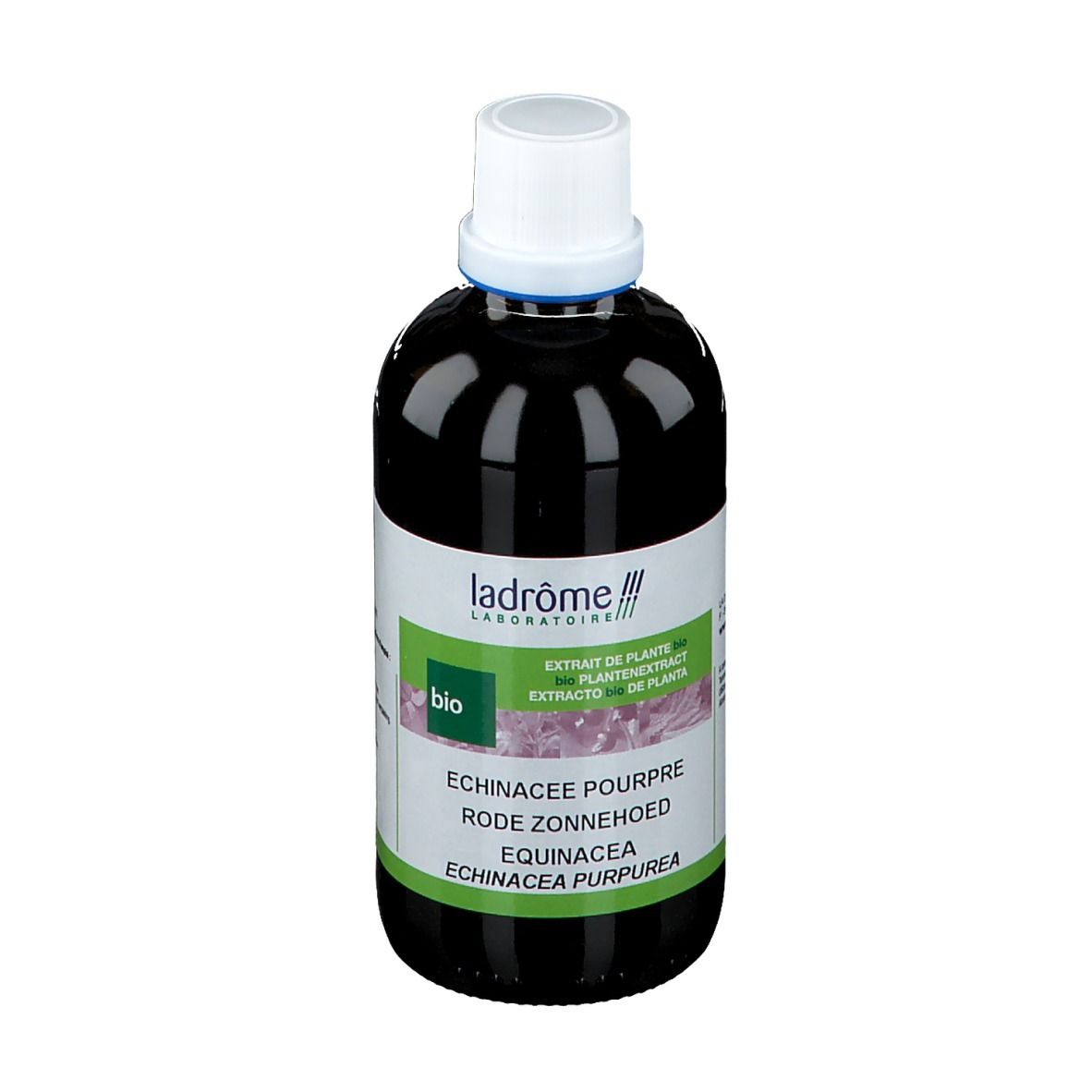 Flacon brun avec bouchon blanc. Étiquette avec texte et logo. Nom du produit: Echinacea Purpurea.