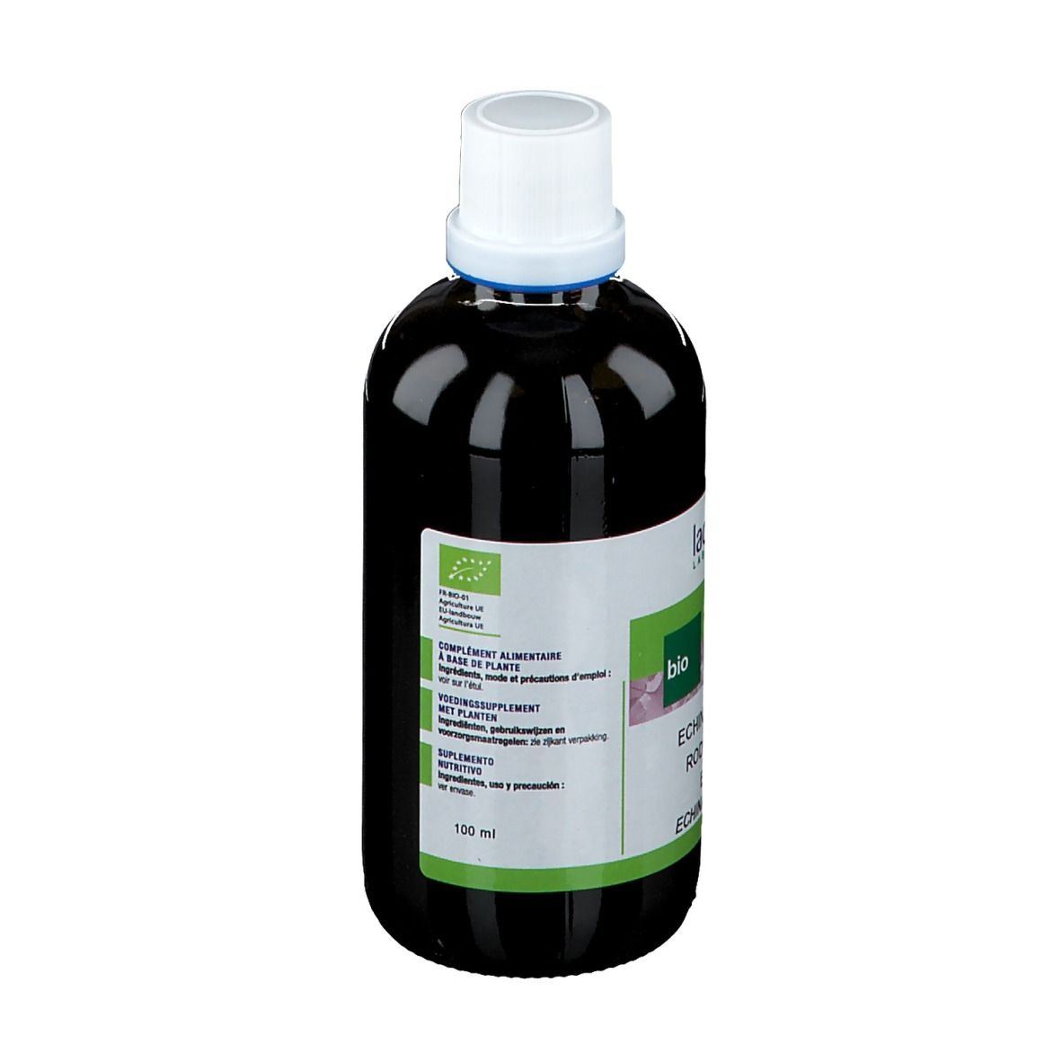 Flacon brun avec bouchon blanc. Étiquette avec texte et logo. Nom du produit: Echinacea Purpurea.