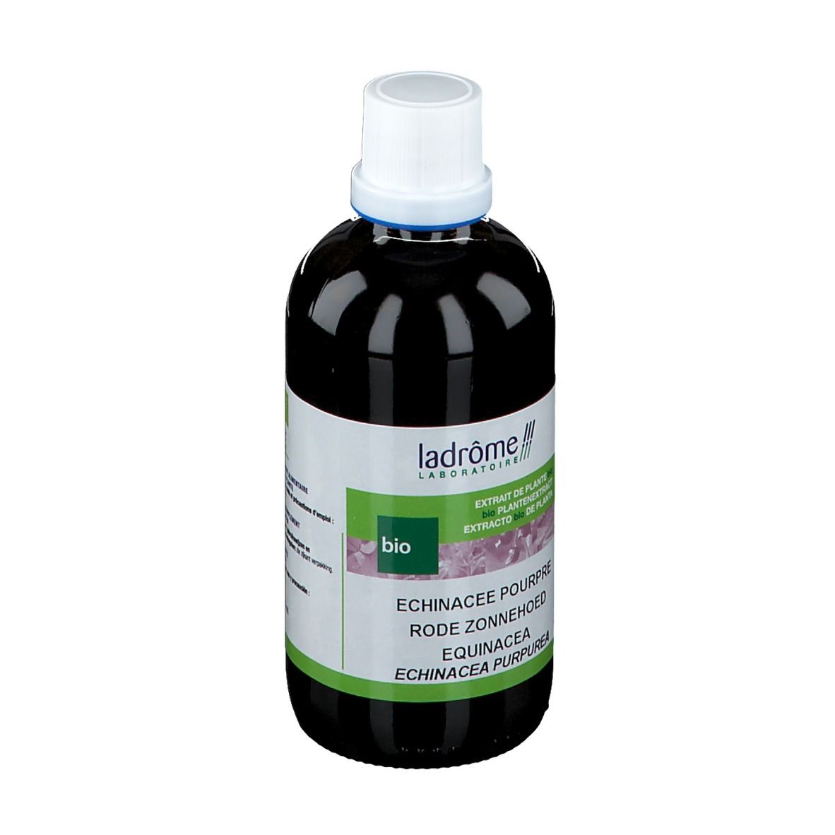 Flacon brun avec bouchon blanc. Étiquette avec texte et logo. Nom du produit: Echinacea Purpurea.