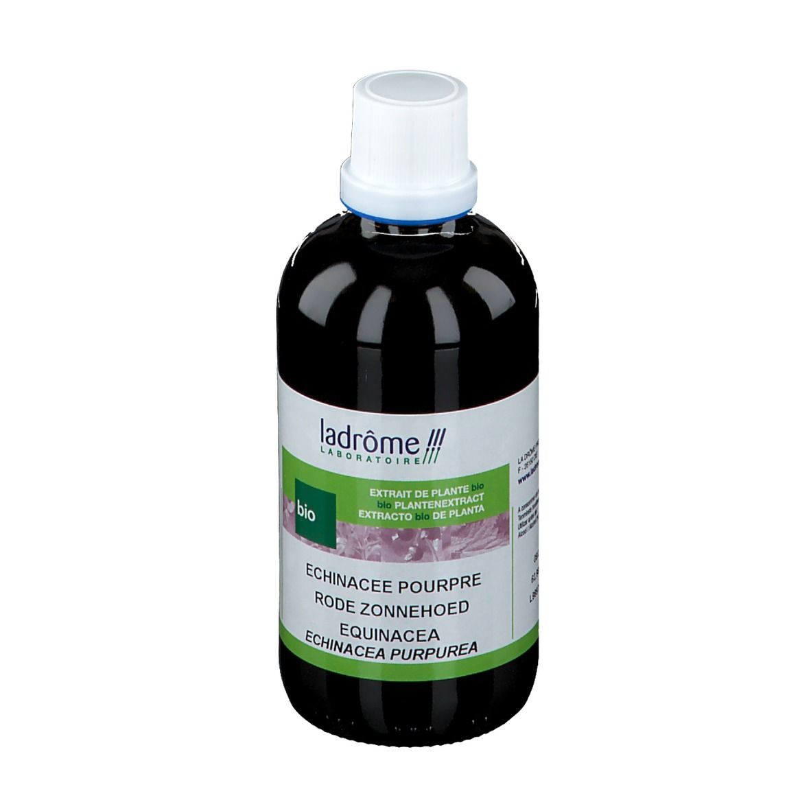 Flacon brun avec bouchon blanc. Étiquette avec texte et logo. Nom du produit: Echinacea Purpurea.