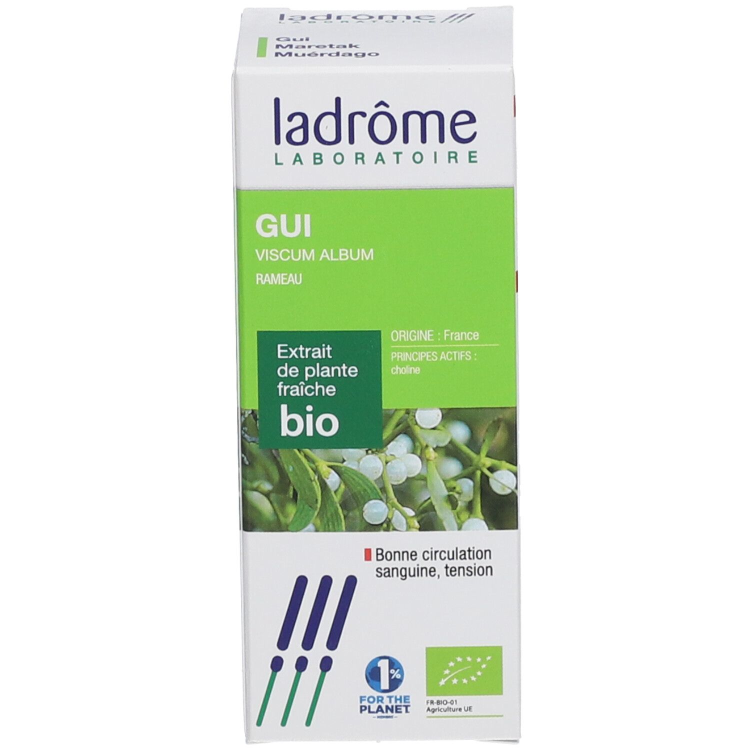 Boîte en carton avec étiquette verte. Texte : Gui, Extrait de plante fraîche bio. Logo : Ladrôme Laboratoire, label bio.