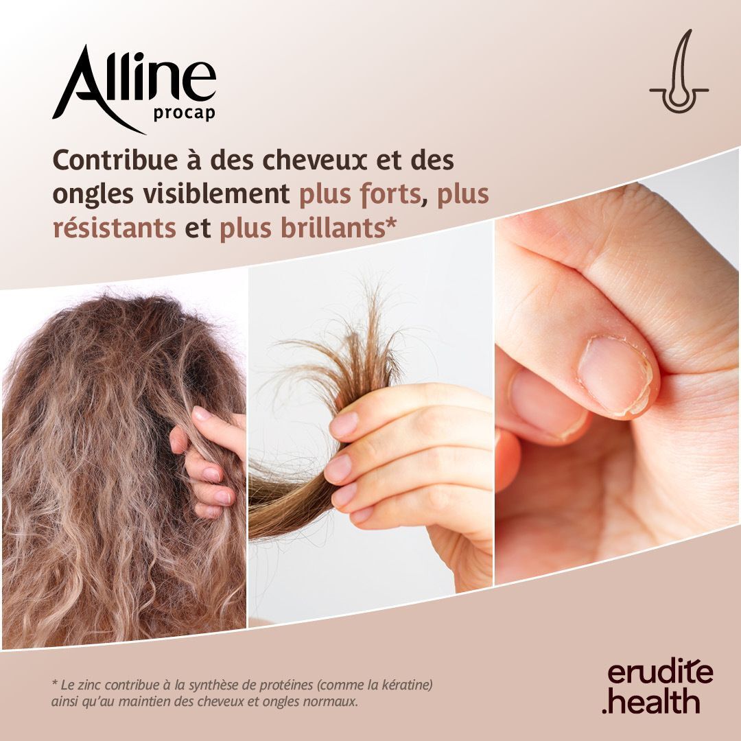 Boîte de capsules Alline Procap pour la croissance des cheveux, avec portrait de femme et mention kératine.