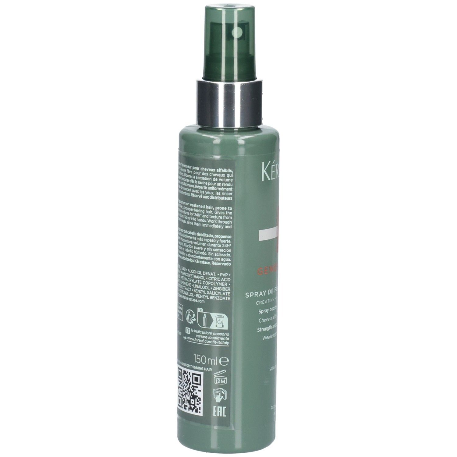 Arrière du flacon Kérastase Genesis Homme Spray de Force Épaississant avec ingrédients.