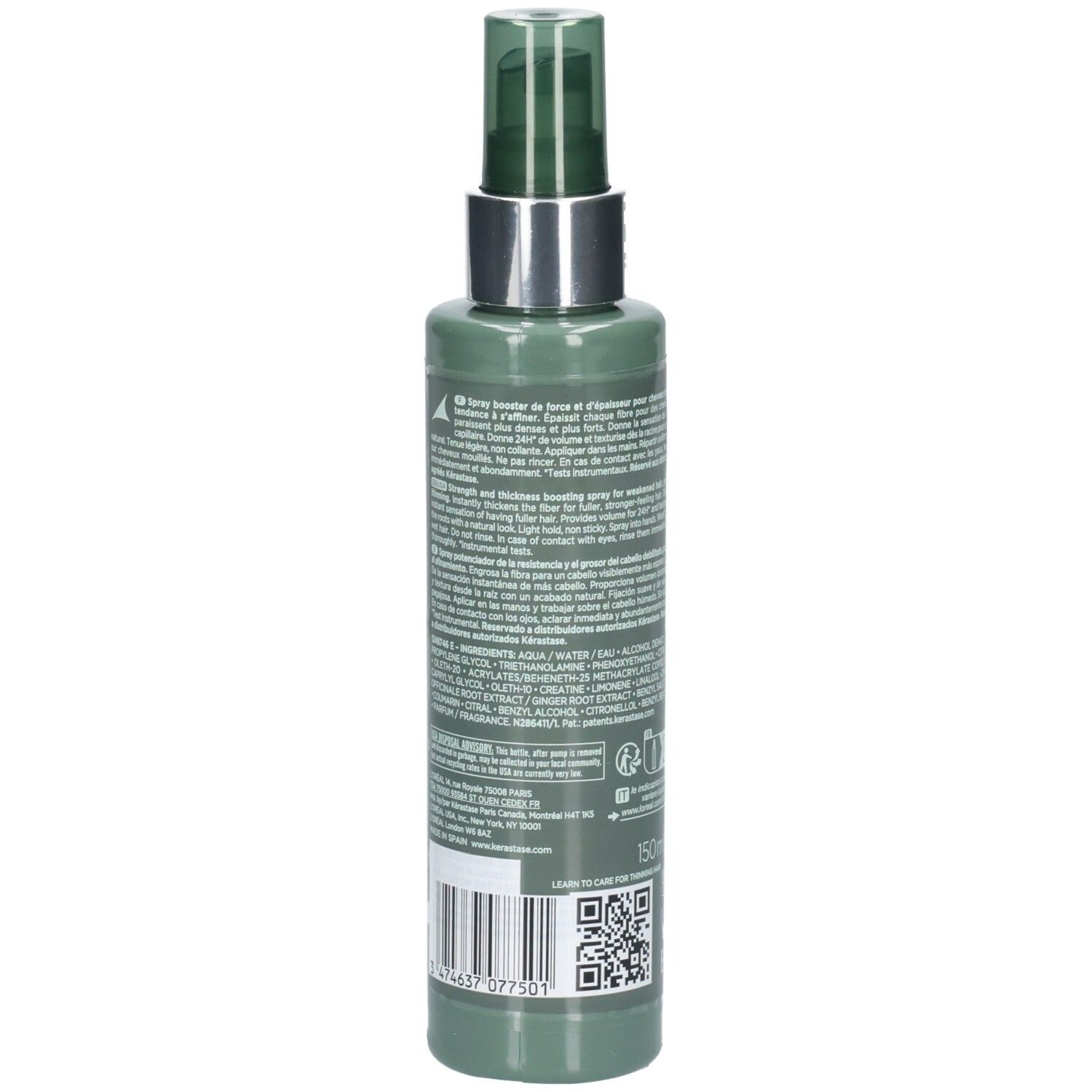 Arrière du flacon Kérastase Genesis Homme Spray de Force Épaississant avec code-barres et QR-code.