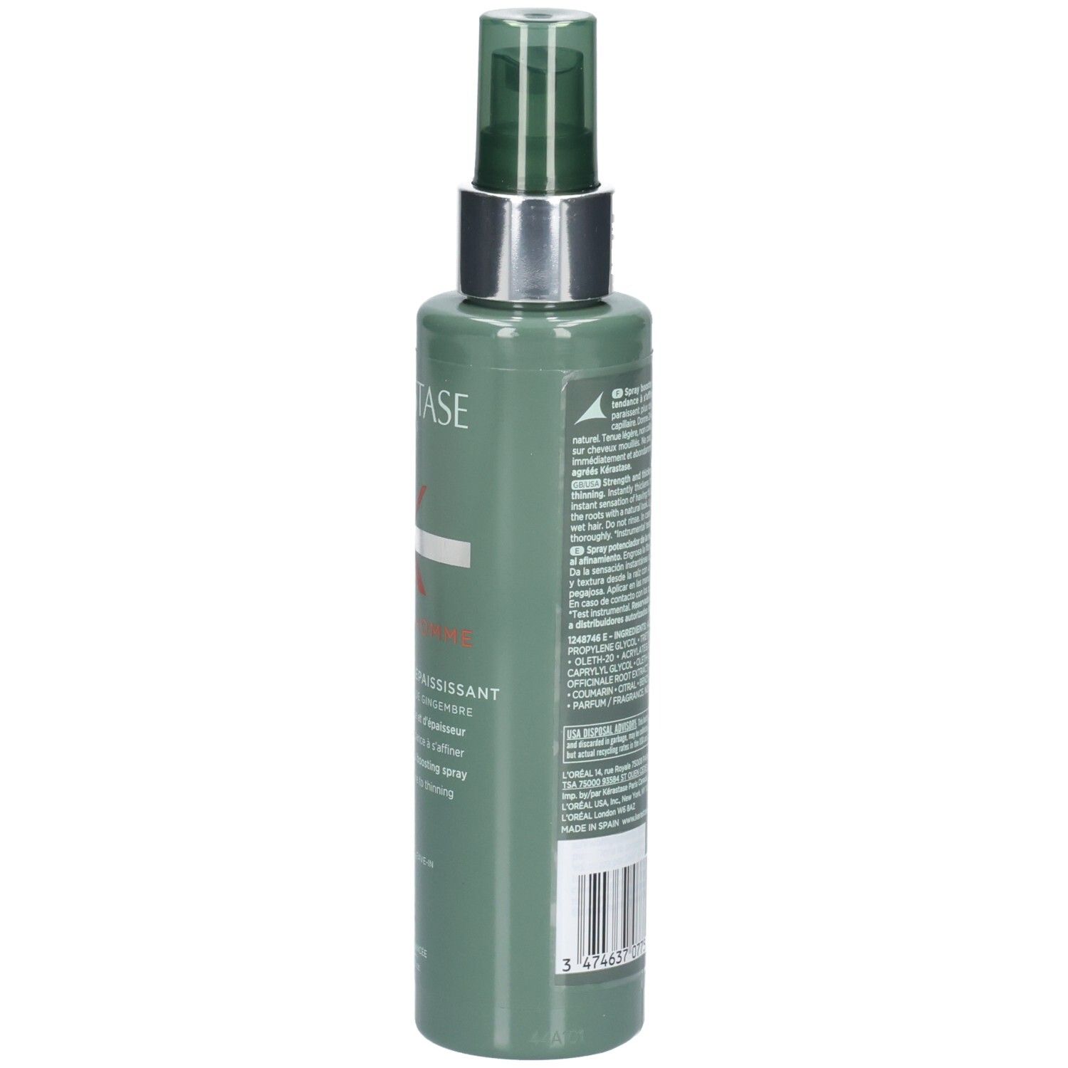 Côté du flacon Kérastase Genesis Homme Spray de Force Épaississant avec informations produit.