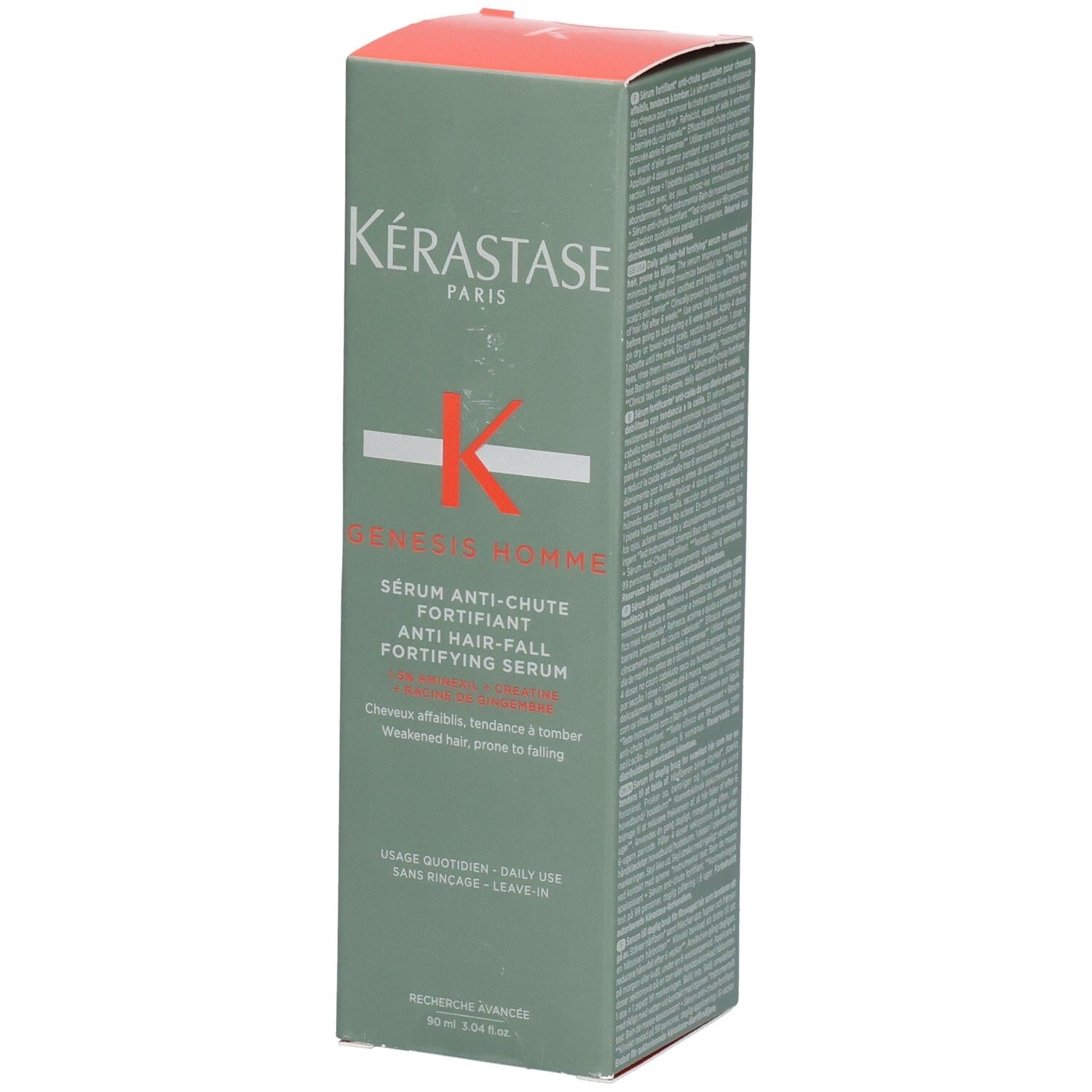 Emballage Kérastase Sérum Anti-Chute Fortifiant Anti Hair-Fall Fortifying Serum. Boîte verte avec logo blanc et rouge.