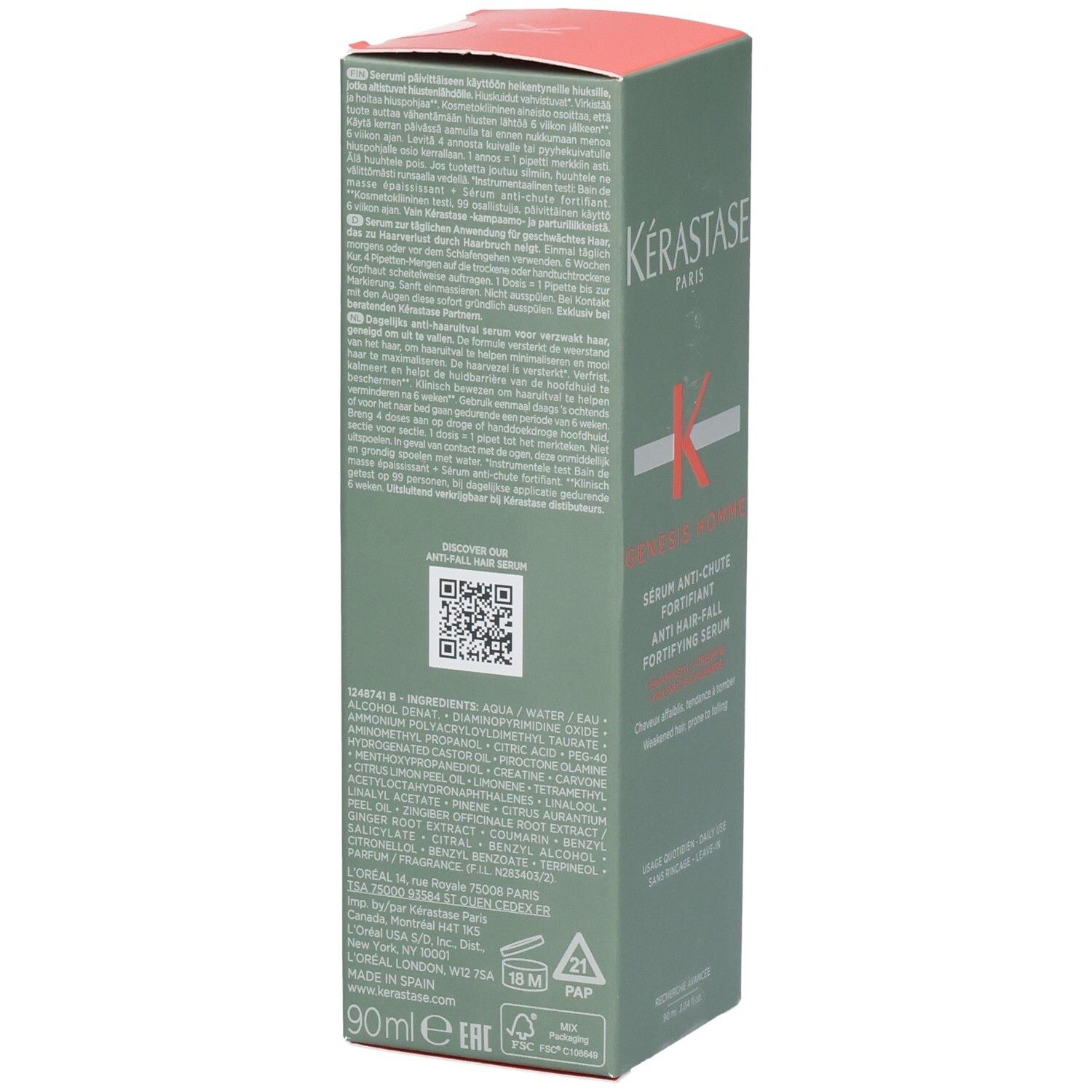 Kérastase Sérum Anti-Chute Fortifiant, 90ml. Boîte en carton avec texte et code QR.