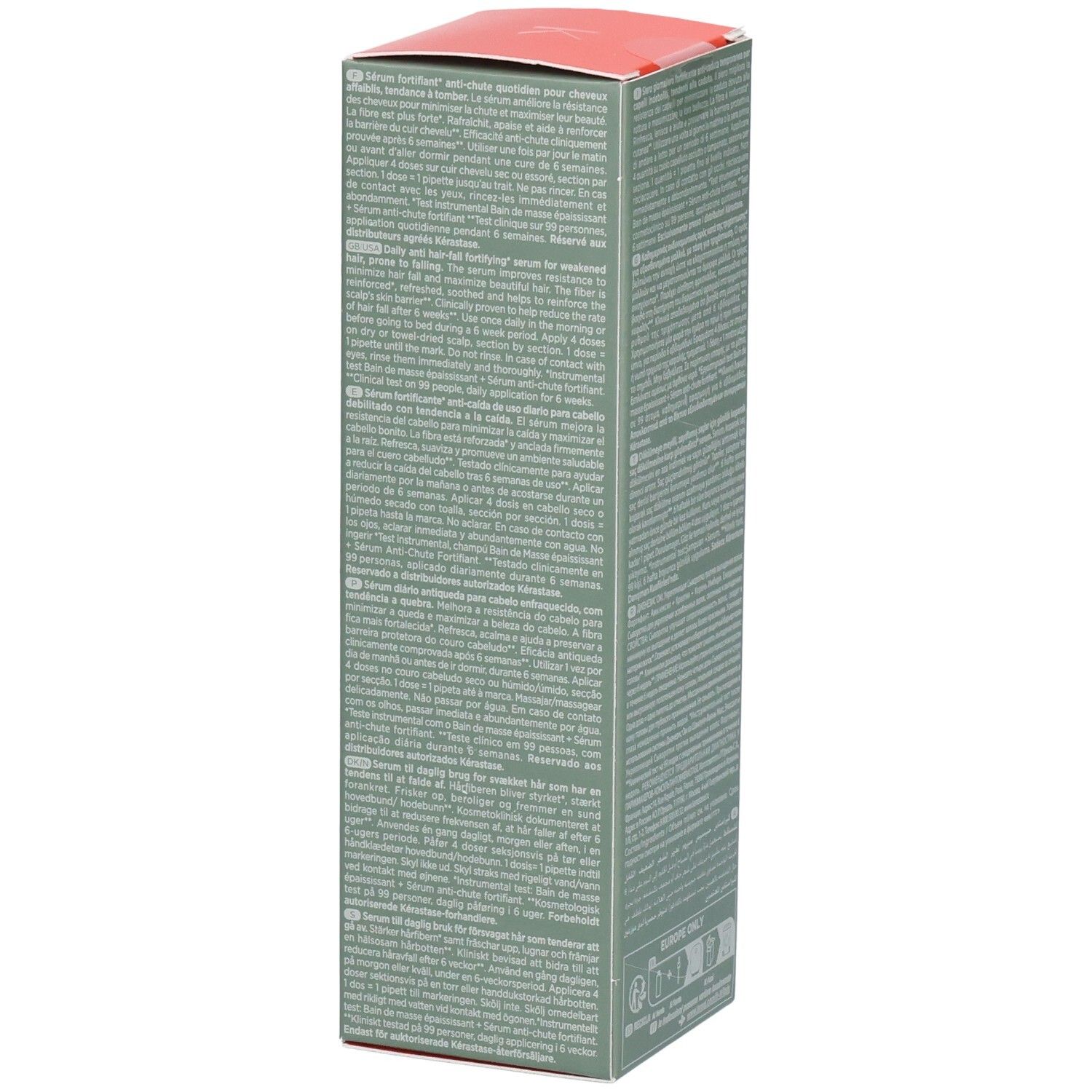 Boîte rectangulaire grise avec couvercle rouge et beaucoup de texte en plusieurs langues.