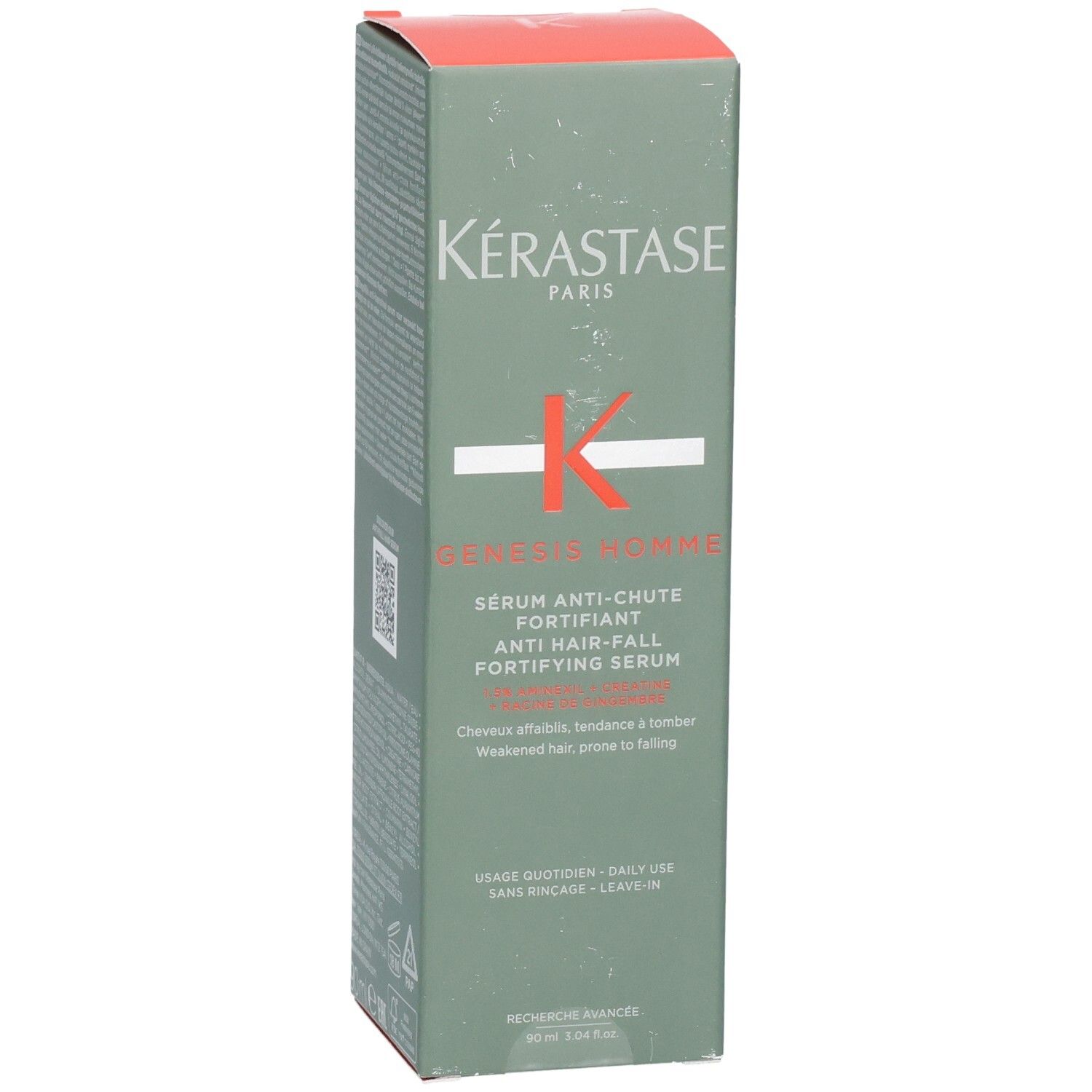 Boîte Kérastase Genesis Homme Sérum Anti-Chute Fortifiant. Vert avec logo K et texte orange.