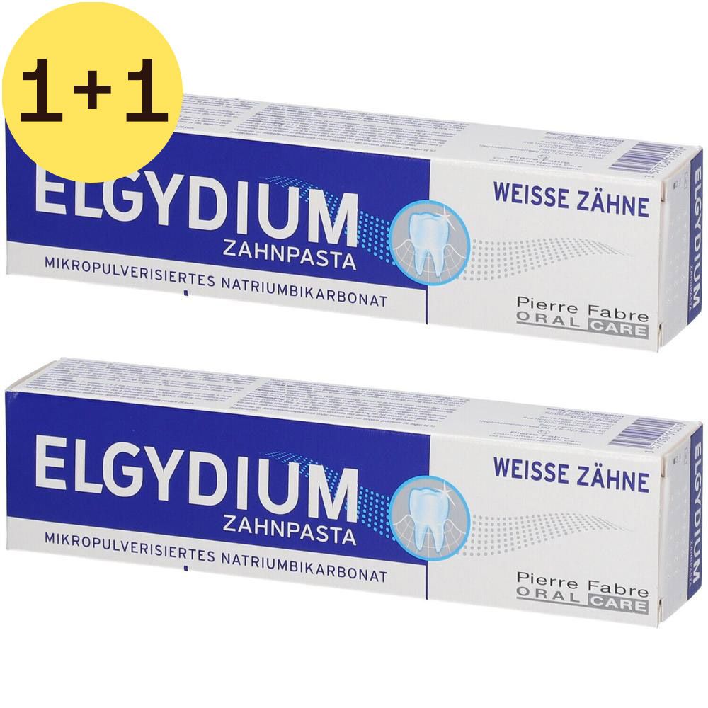 Deux boîtes de dentifrice blanches et bleues. Inscription : ELGYDIUM ZAHNPSTA, WEISSE ZÄHNE, Pierre Fabre ORAL CARE. Symbole de dent.