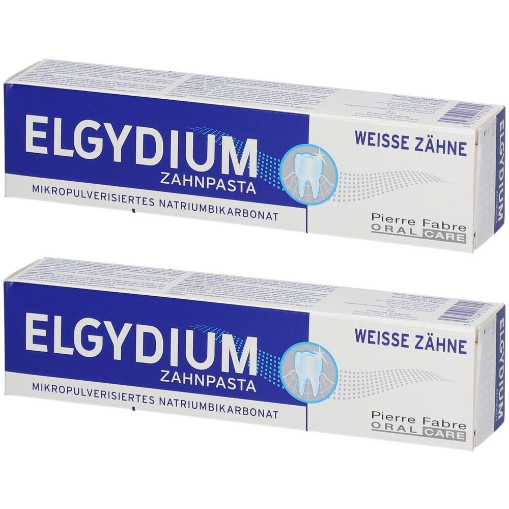 Deux boîtes de dentifrice blanches et bleues. Inscription : ELGYDIUM ZAHNPSTA, WEISSE ZÄHNE, Pierre Fabre ORAL CARE. Symbole de dent.