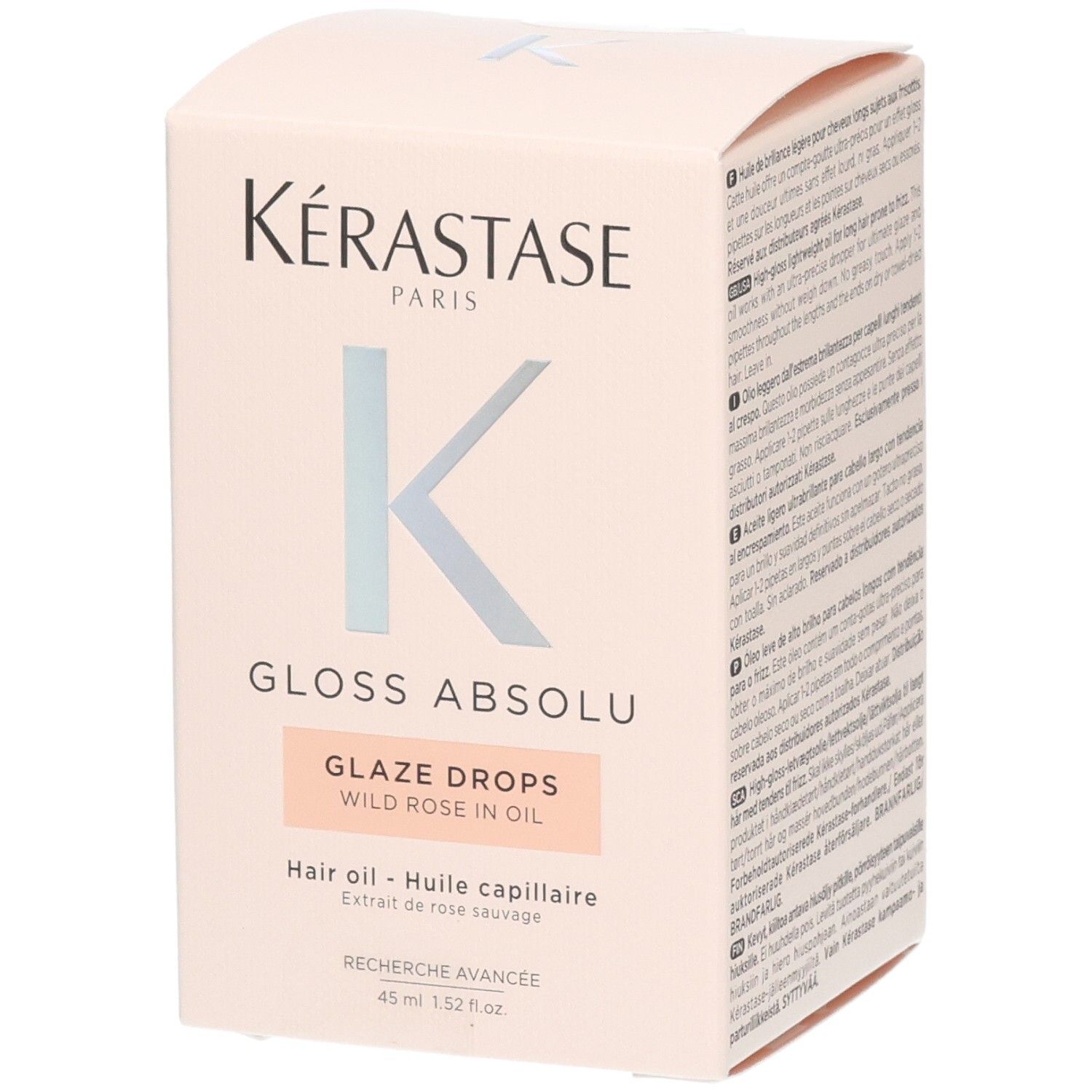 Kérastase Gloss Absolu Glaze Drops Huile capillaire dans un emballage rose.