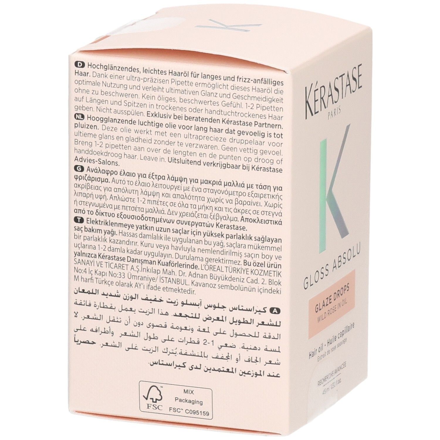 Kérastase Gloss Drops Huile capillaire dans une boîte avec pipette. Formule légère et brillante pour cheveux longs.