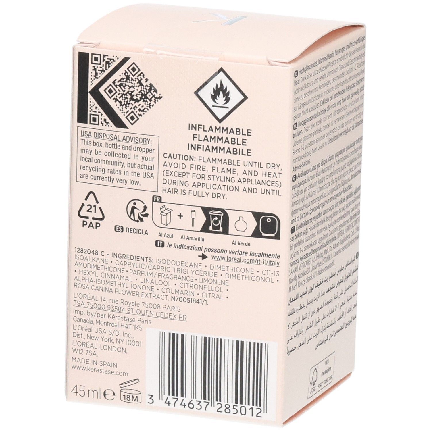 Boîte en carton avec avertissements d'inflammabilité et liste des ingrédients. Contient 45ml.