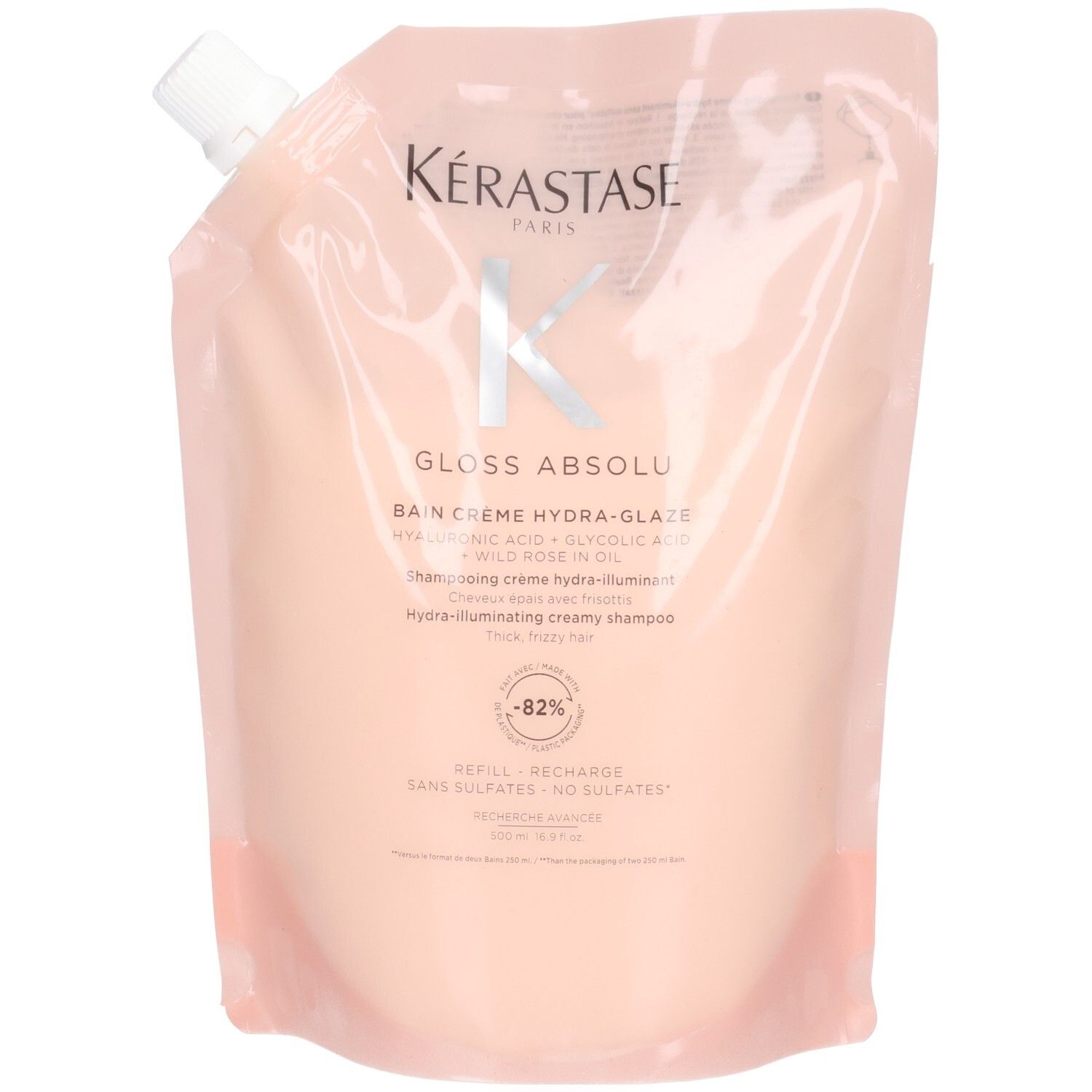 Recharge Kérastase Gloss Absolu : Shampoo Hydra-Glaze avec acide hyaluronique, acide glycolique et huile de rose sauvage.