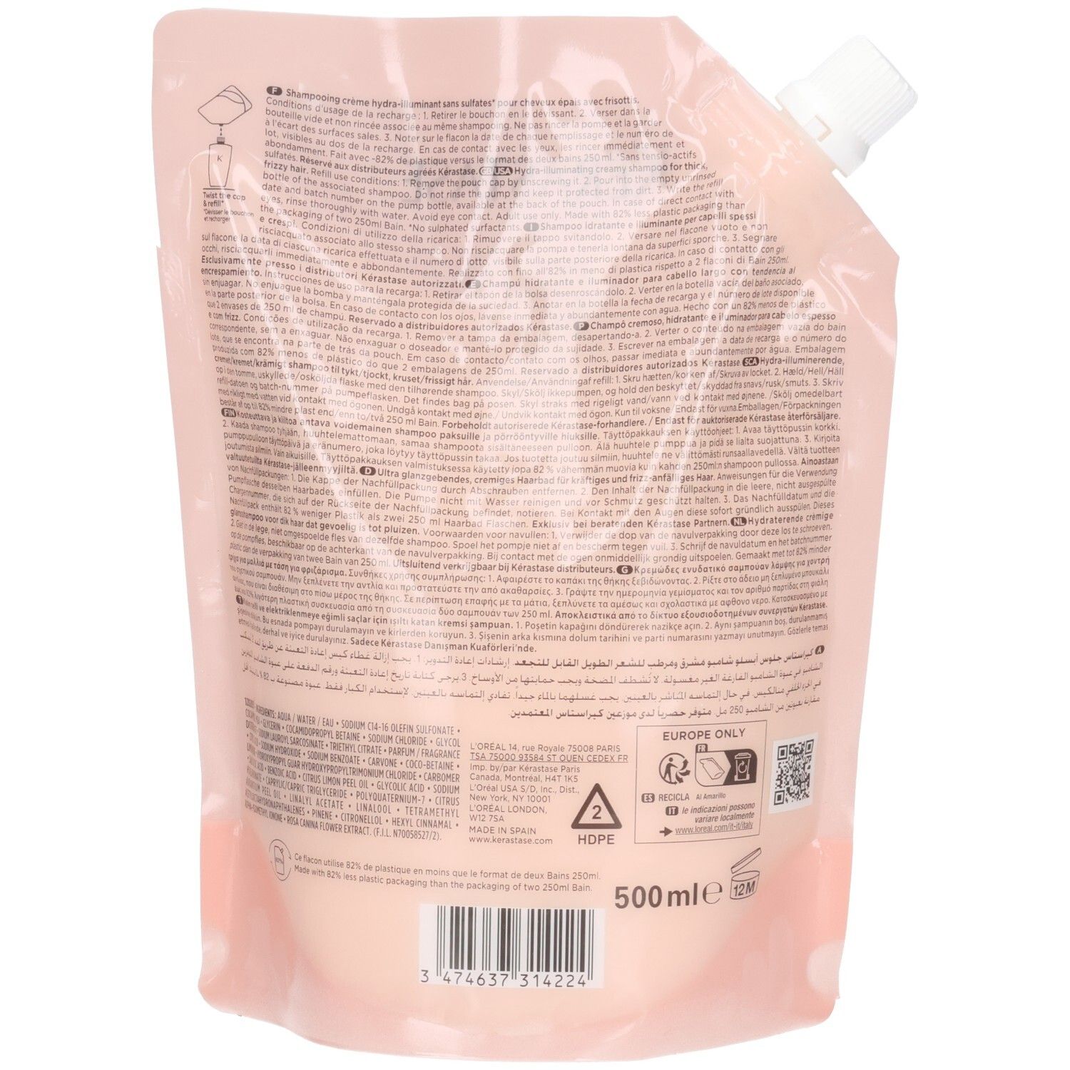 Pochette de recharge rose avec bouchon à vis blanc. Contient 500 ml.