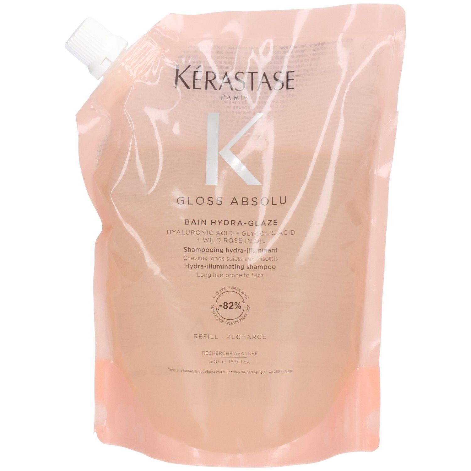 Kérastase Gloss Absolu recharge pour shampooing hydra-glaze avec acide hyaluronique, acide glycolique et rose sauvage.