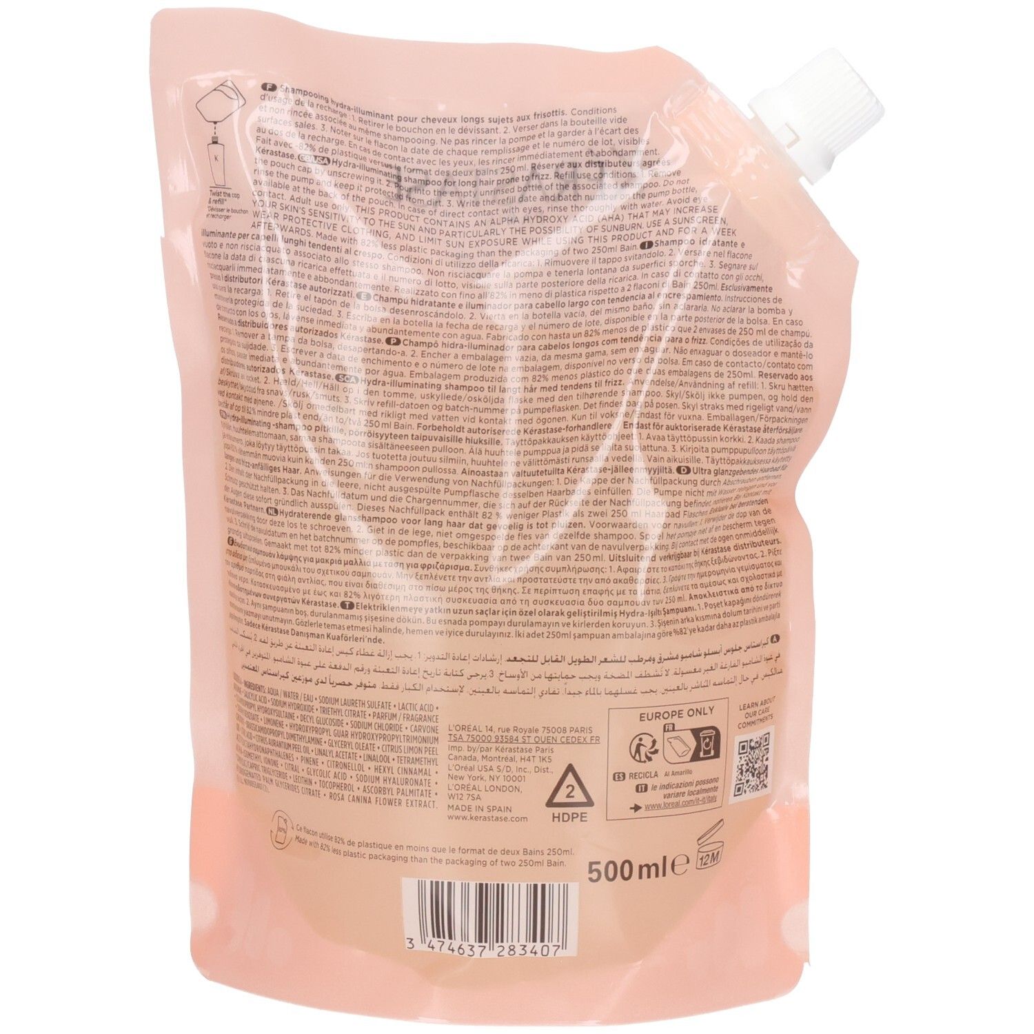 Pochette de recharge rose avec bouchon à vis blanc, 500 ml.