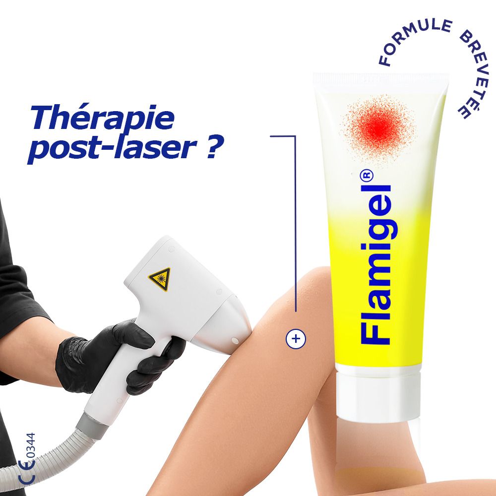 Tube Flamigel, jaune et blanc, point rouge. Jambe avec thérapie laser.