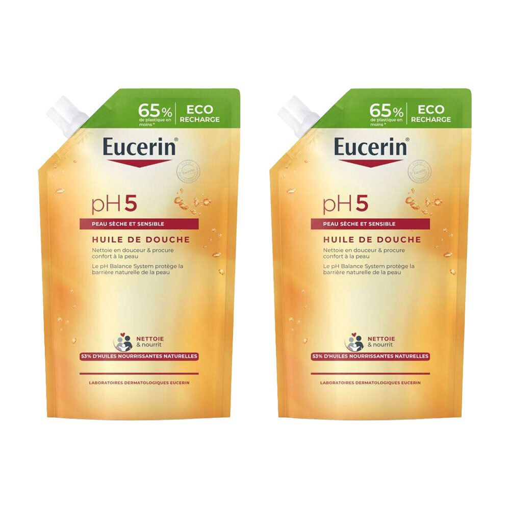 Deux recharges Eucerin pH5 Huile de Douche. Sachets jaunes avec accent vert. Texte : pH5, peau sèche et sensible. 65% Eco.