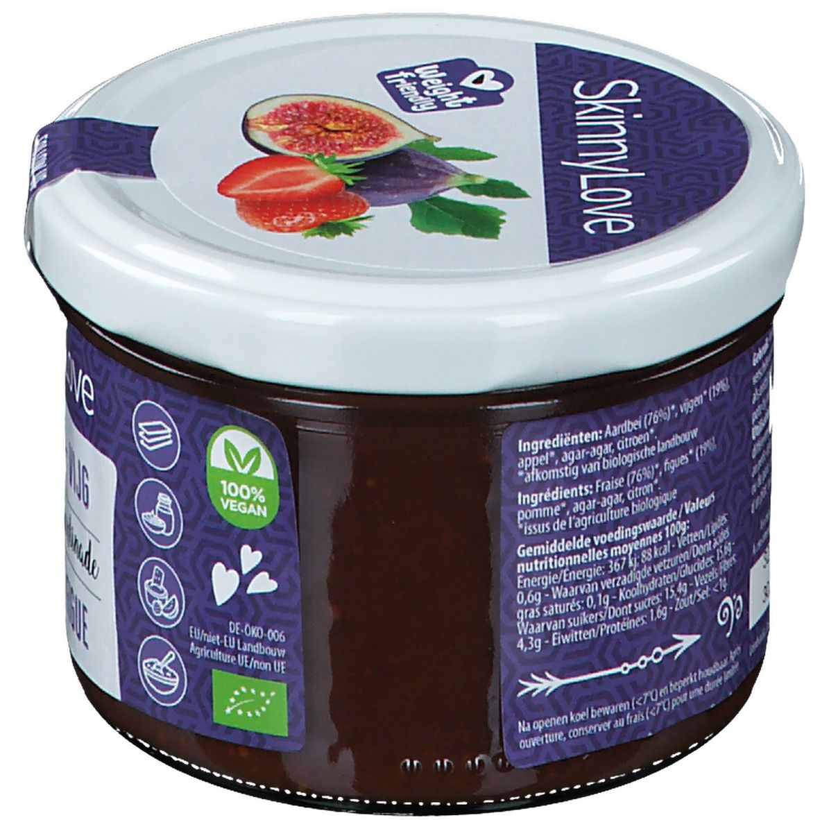 Pot SkinnyLove. Dos avec liste d'ingrédients et informations nutritionnelles. Label Vegan. Inscription: SkinnyLove.